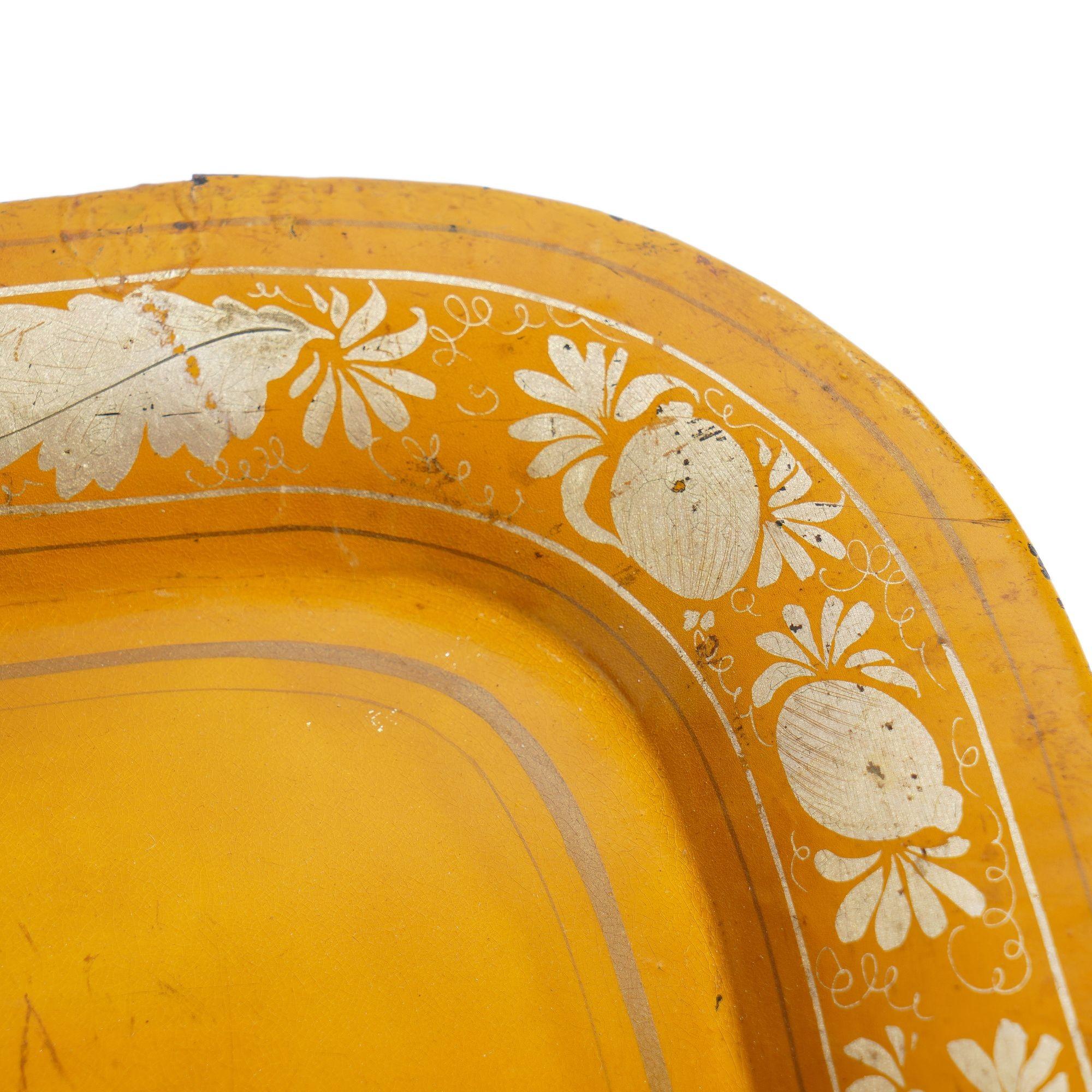 English yellow tole tea tray centering on a tiger hunt, c. 1820 1