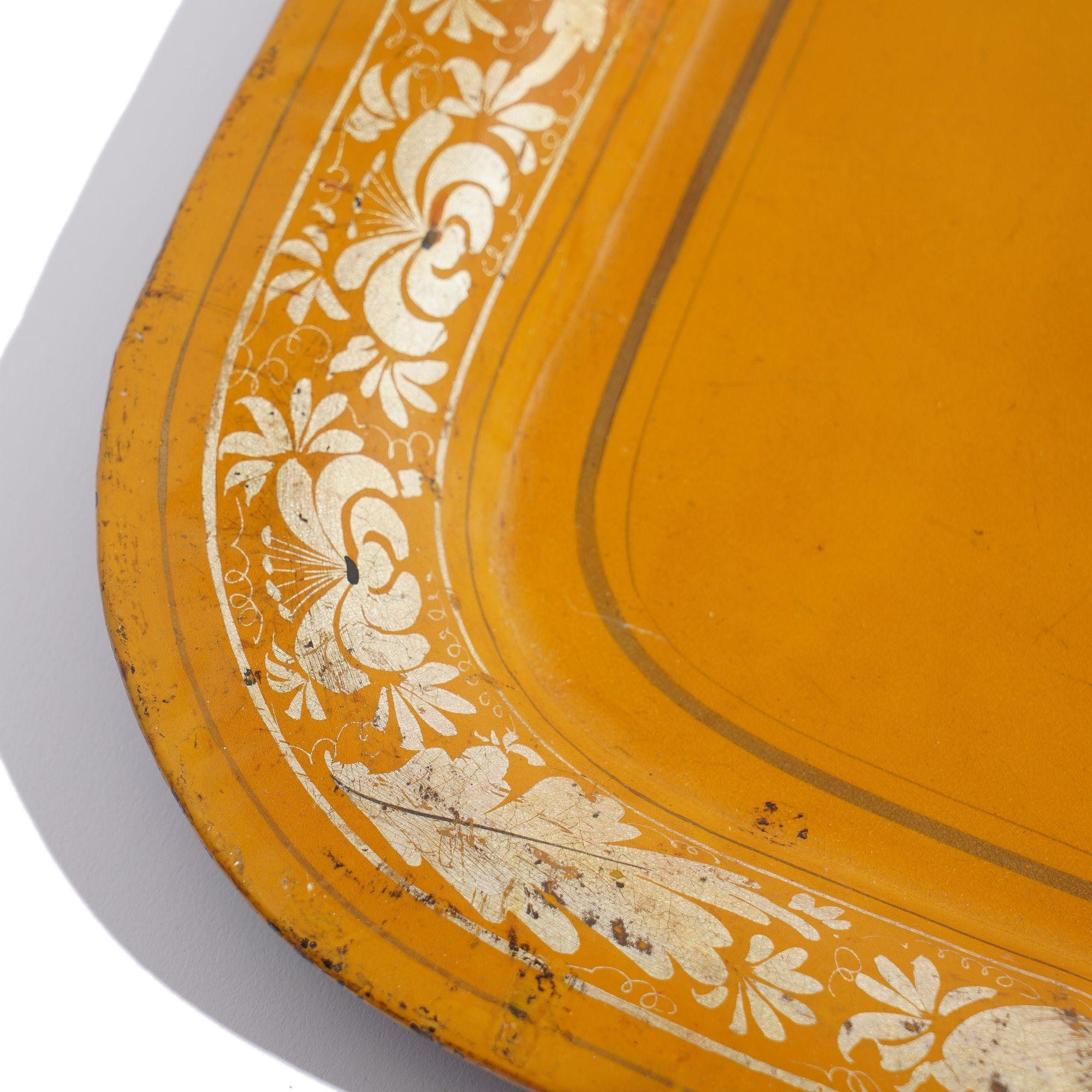 English yellow tole tea tray centering on a tiger hunt, c. 1820 2