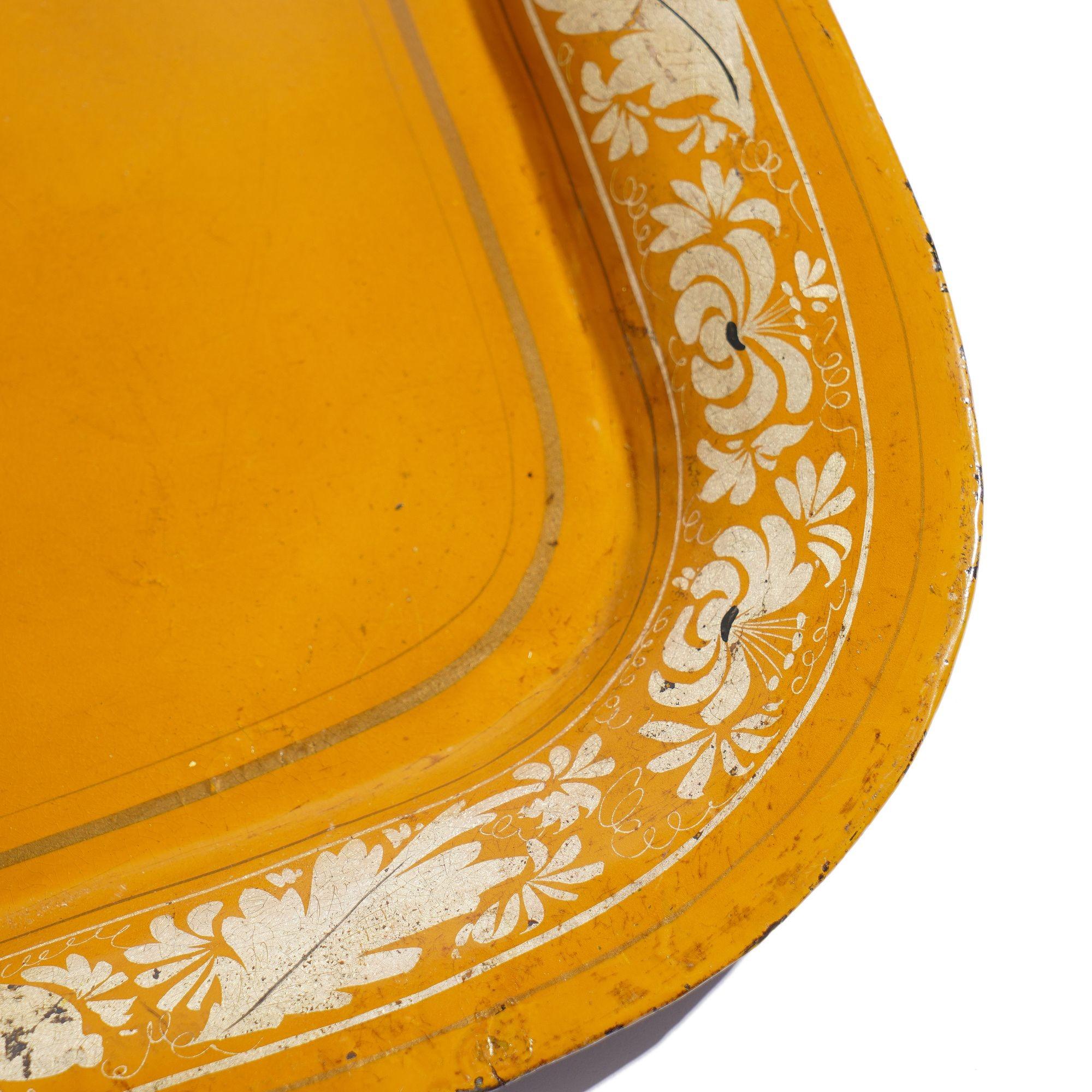 English yellow tole tea tray centering on a tiger hunt, c. 1820 3