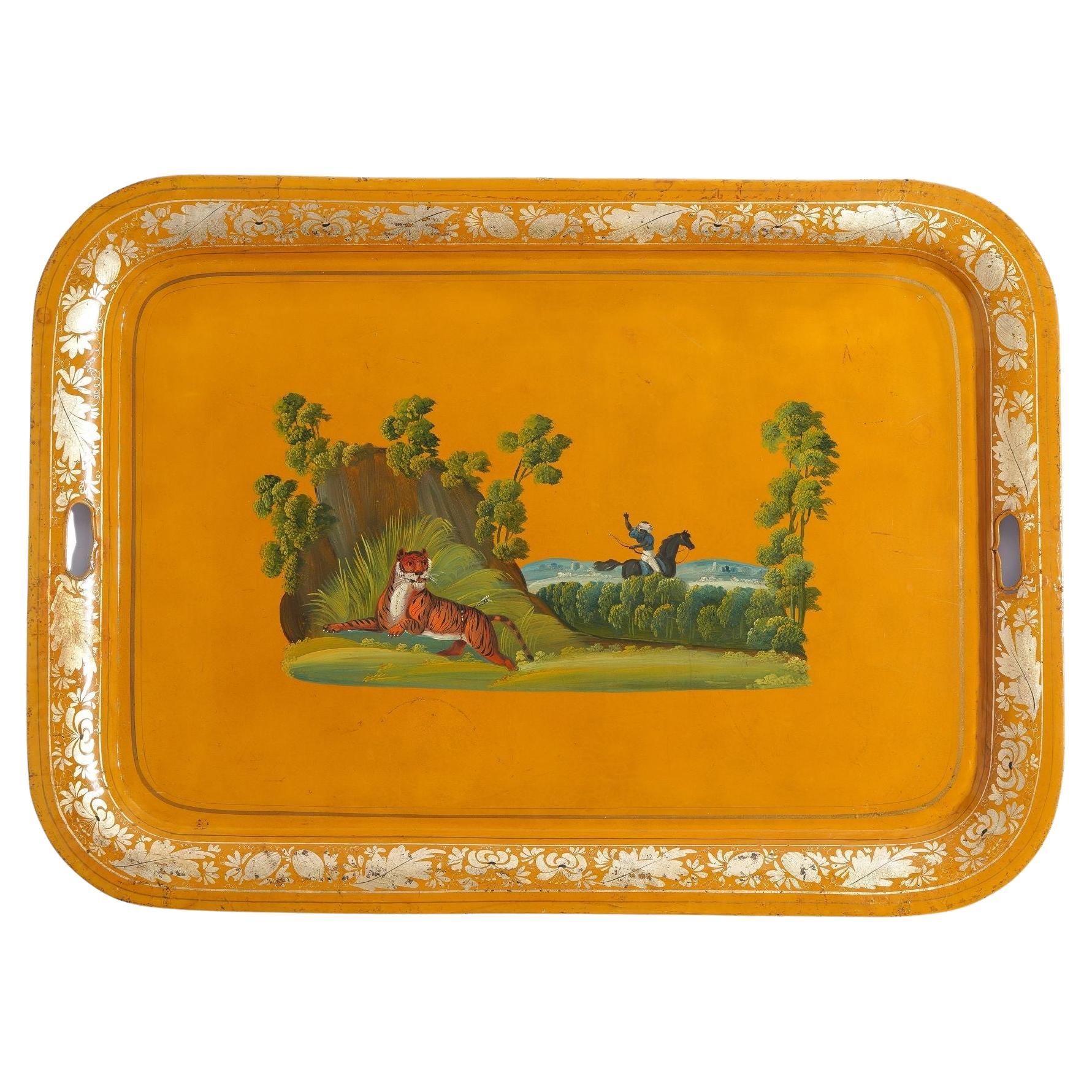 English yellow tole tea tray centering on a tiger hunt, c. 1820