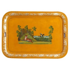English yellow tole tea tray centering on a tiger hunt, c. 1820