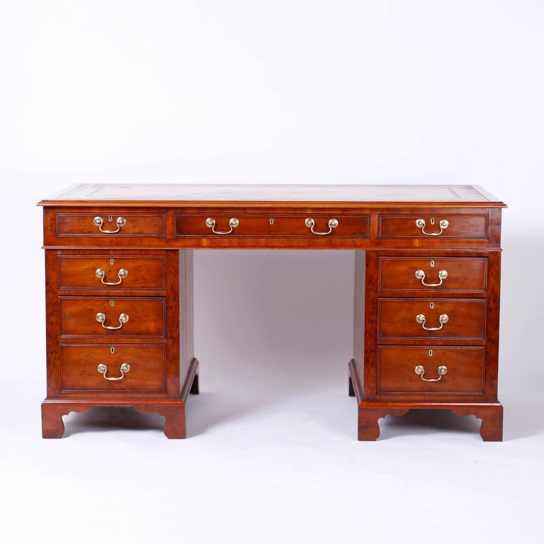 English Yew Wood Leather Top Desk For Sale at 1stDibs