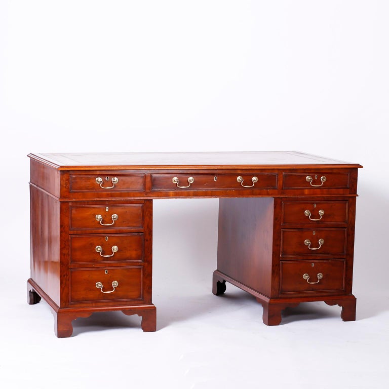 English Yew Wood Leather Top Desk For Sale at 1stDibs