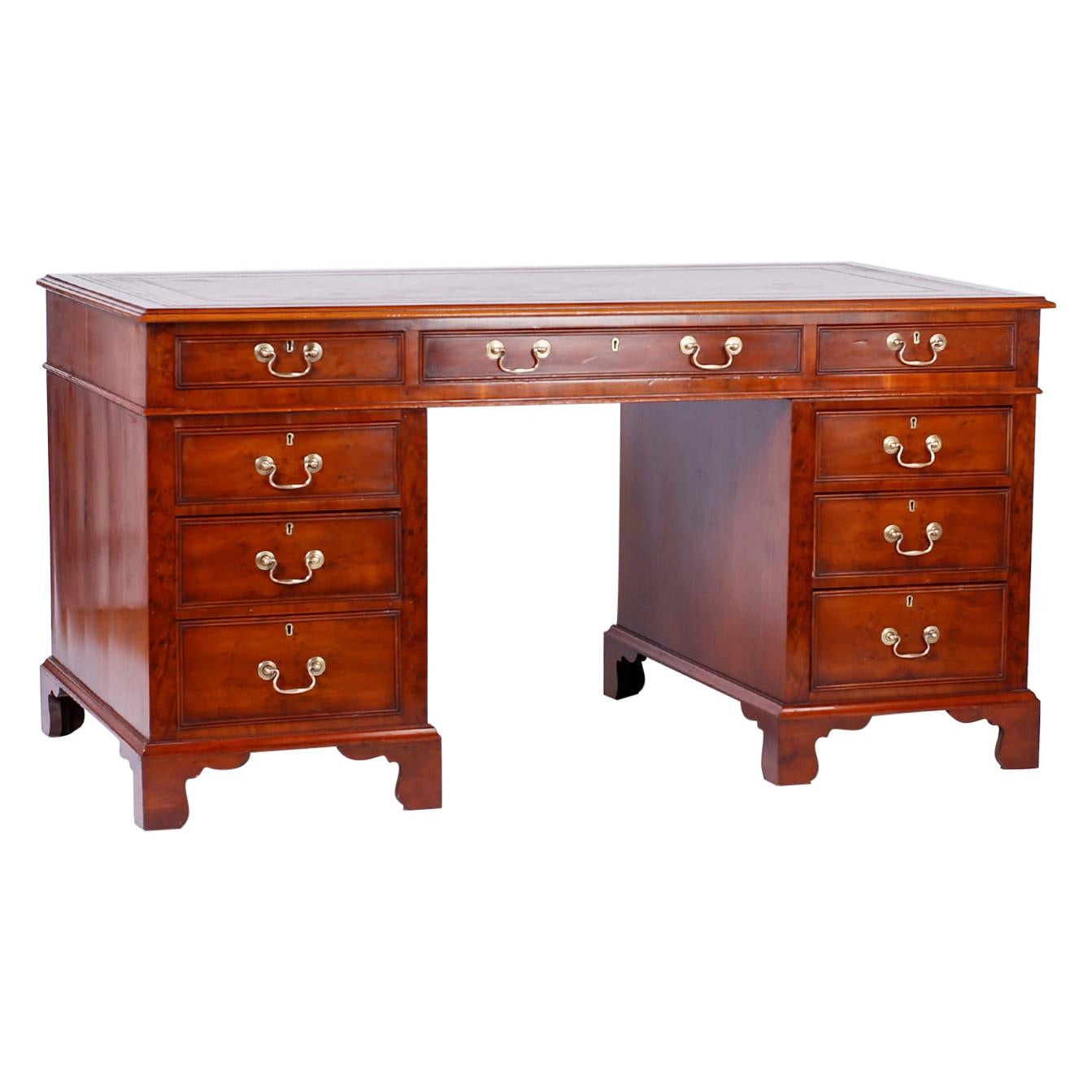 English Yew Wood Leather Top Desk For Sale
