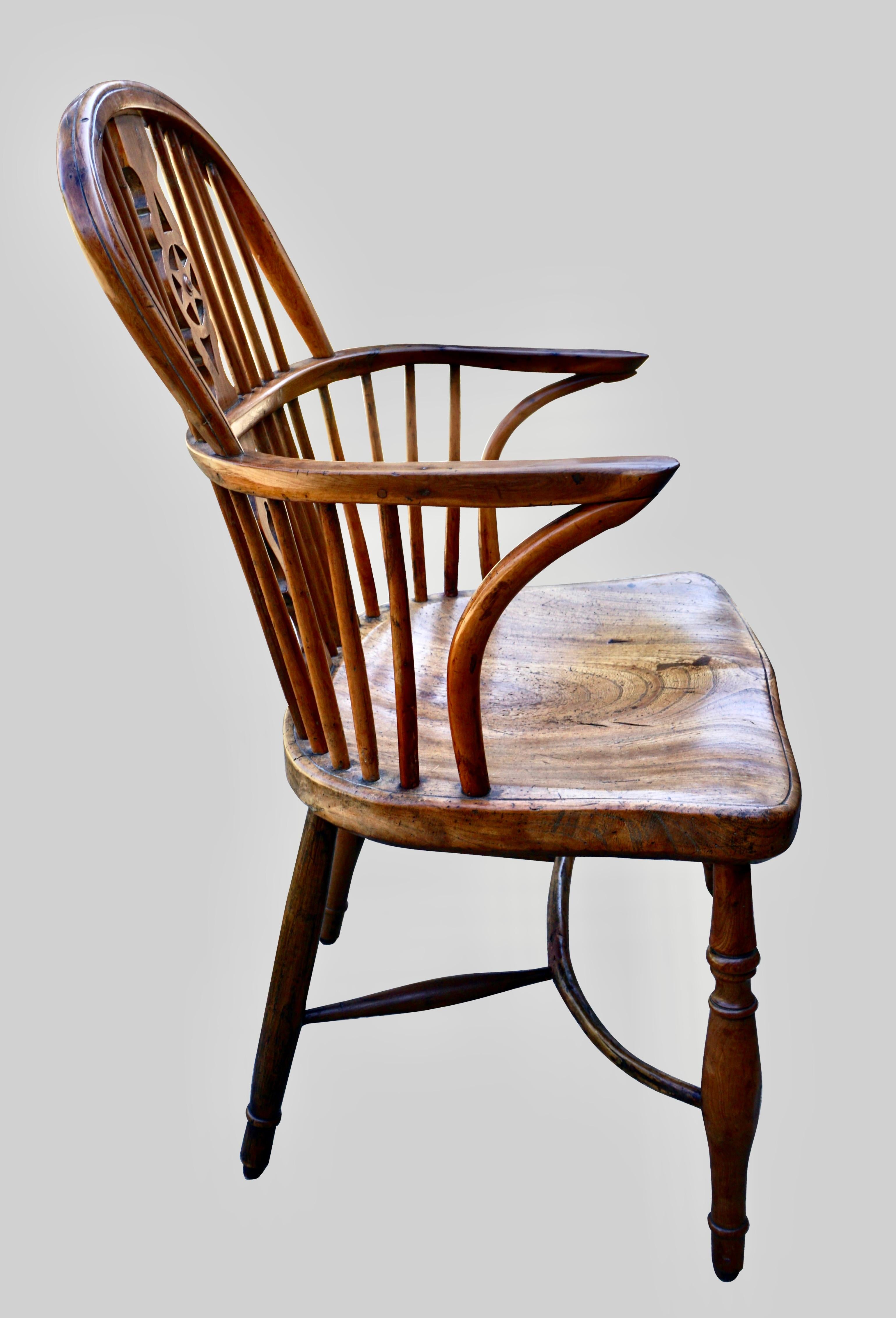 Rustic English Yew Wood Low Back Windsor Arm Chair