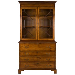English Yew Wood Secretaire Secretary Bookcase Butlers Desk