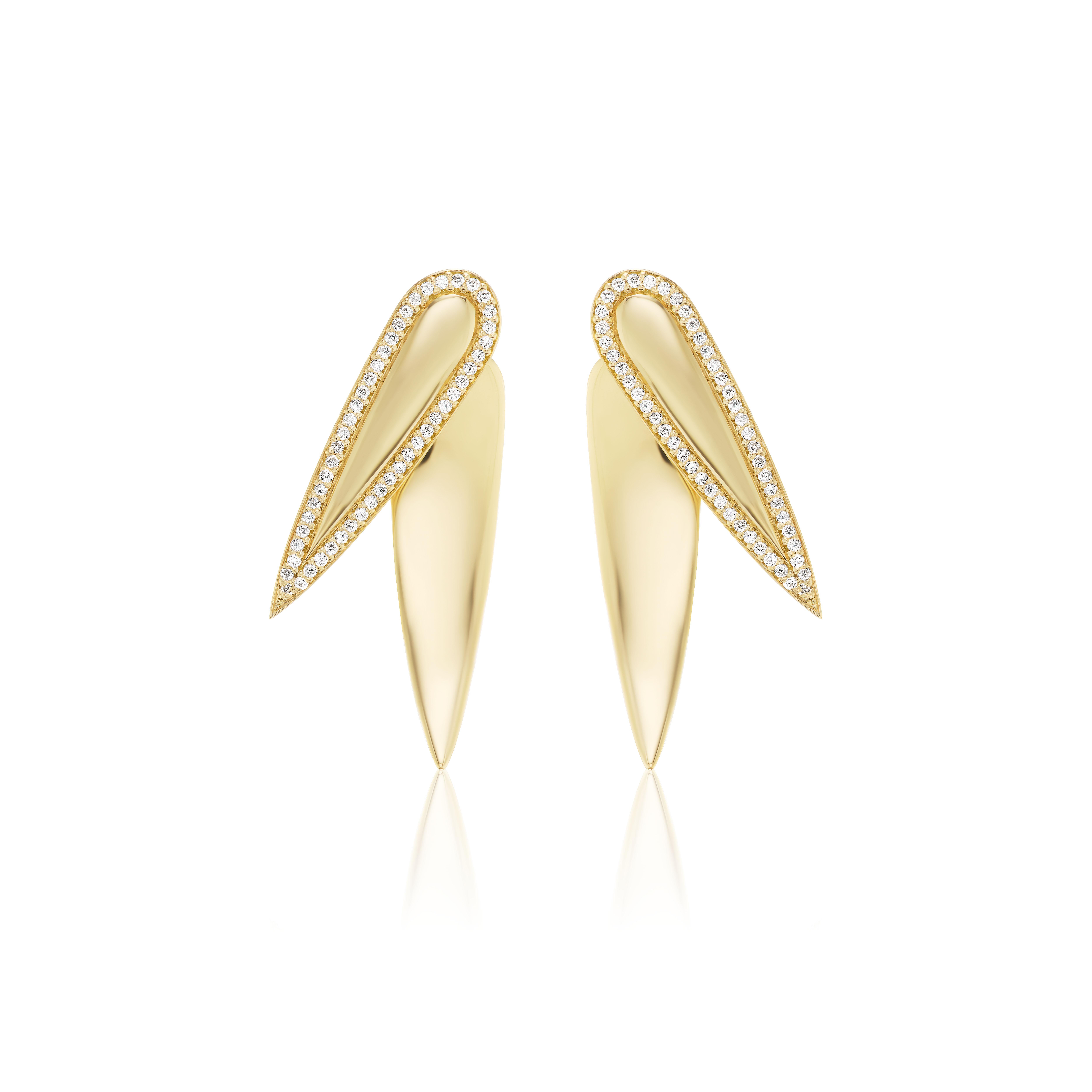 The Engravable Diamond Nifo Stud and Jacket Earrings utilize the whale tooth shapes found in the Birthright Foundry Nifo Collection to build a convertible and layer-able earring set inspired by the Birds of Paradise flower. Made as 