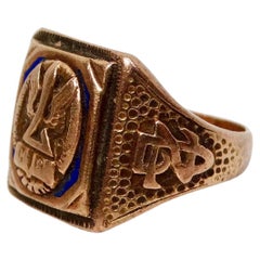 Engraved 10k Gold Enamel Emblem Signet Ring circa 1950s