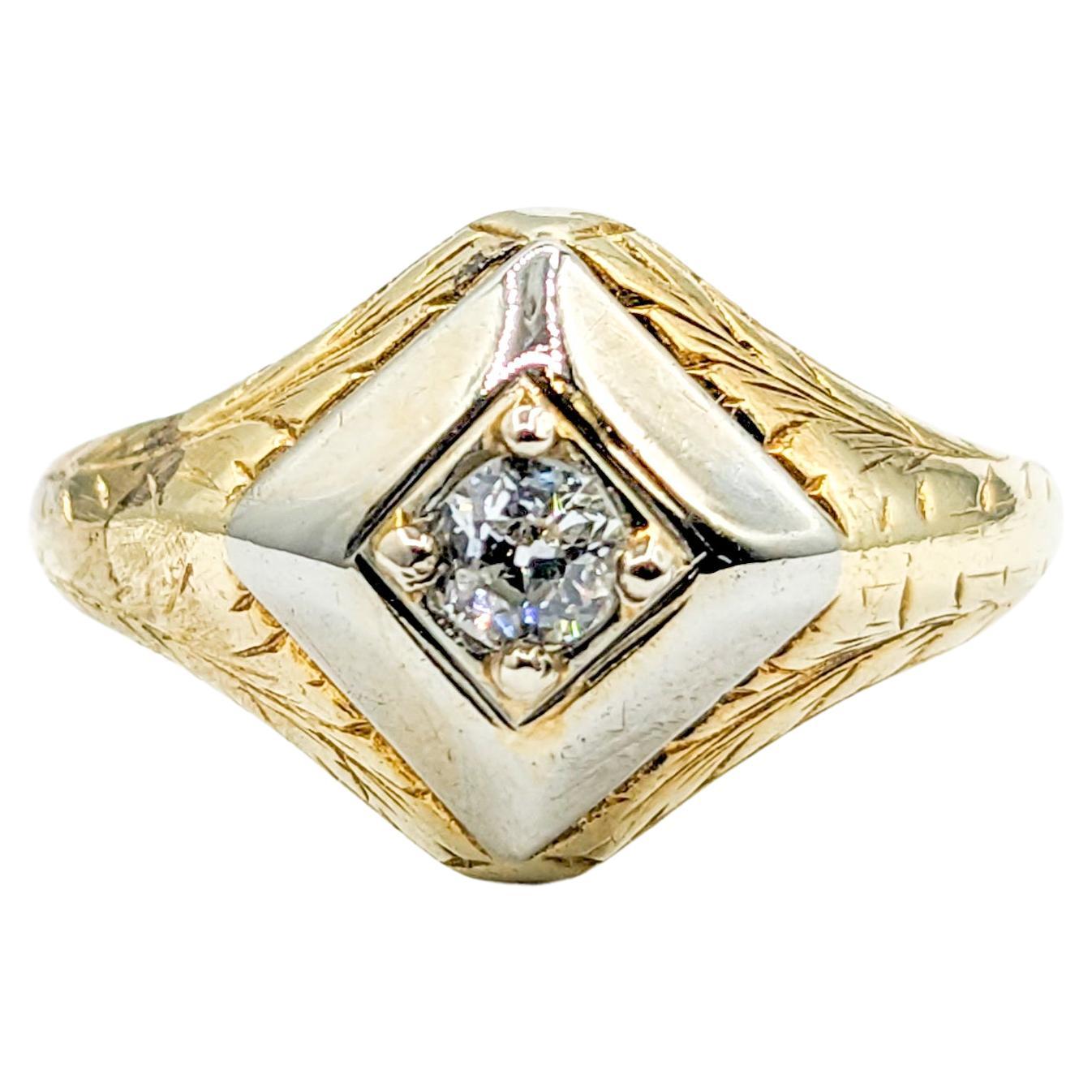 Engraved .13ct Old European Cut Two Tone Engagement Ring For Sale