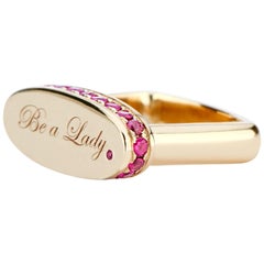 Engraved 14 Karat Yellow Gold and Pink Sapphires "Be a Lady." Signet Ring