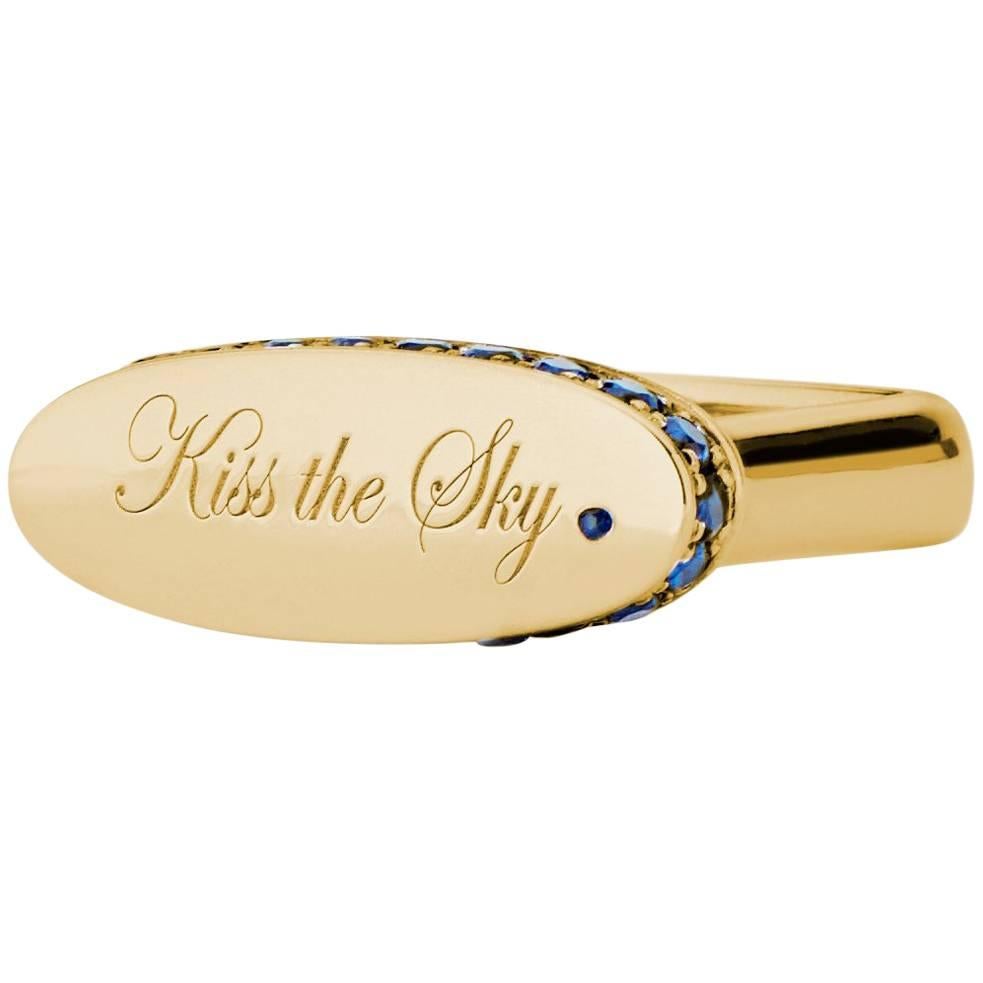 Engraved 14k Yellow Gold and Blue Sapphire "Kiss the Sky." Signet Ring For Sale