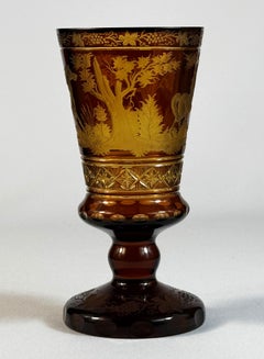 Engraved Amber Glass Goblet - Horse motif - 20th century