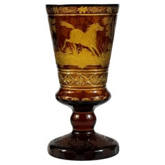 Engraved Amber Glass Goblet - Horse motif - 20th century
