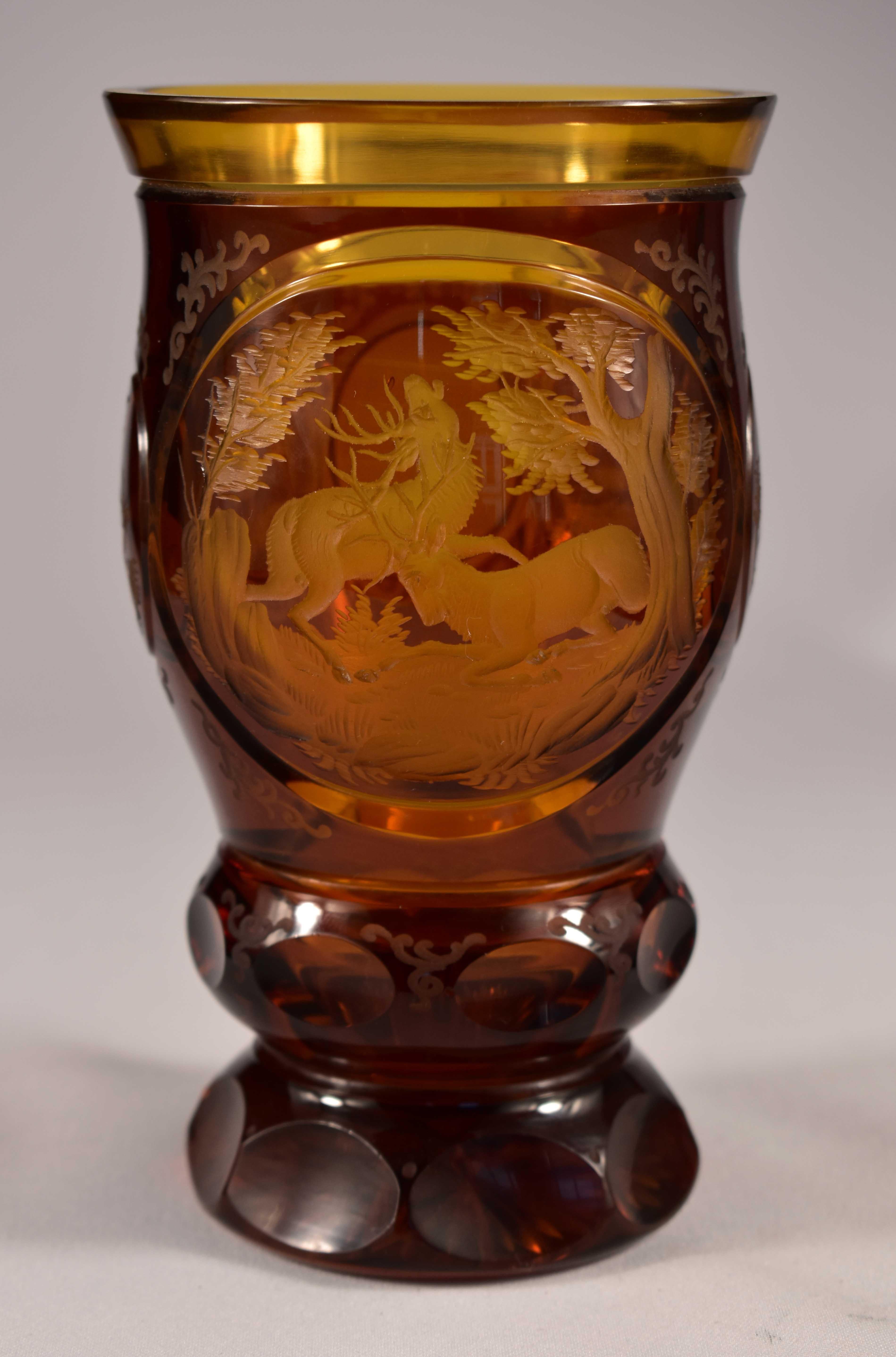 Beautiful goblet made of amber glass, engraving with a hunting motif, 20th century Bohemian Glass- Undamaged.