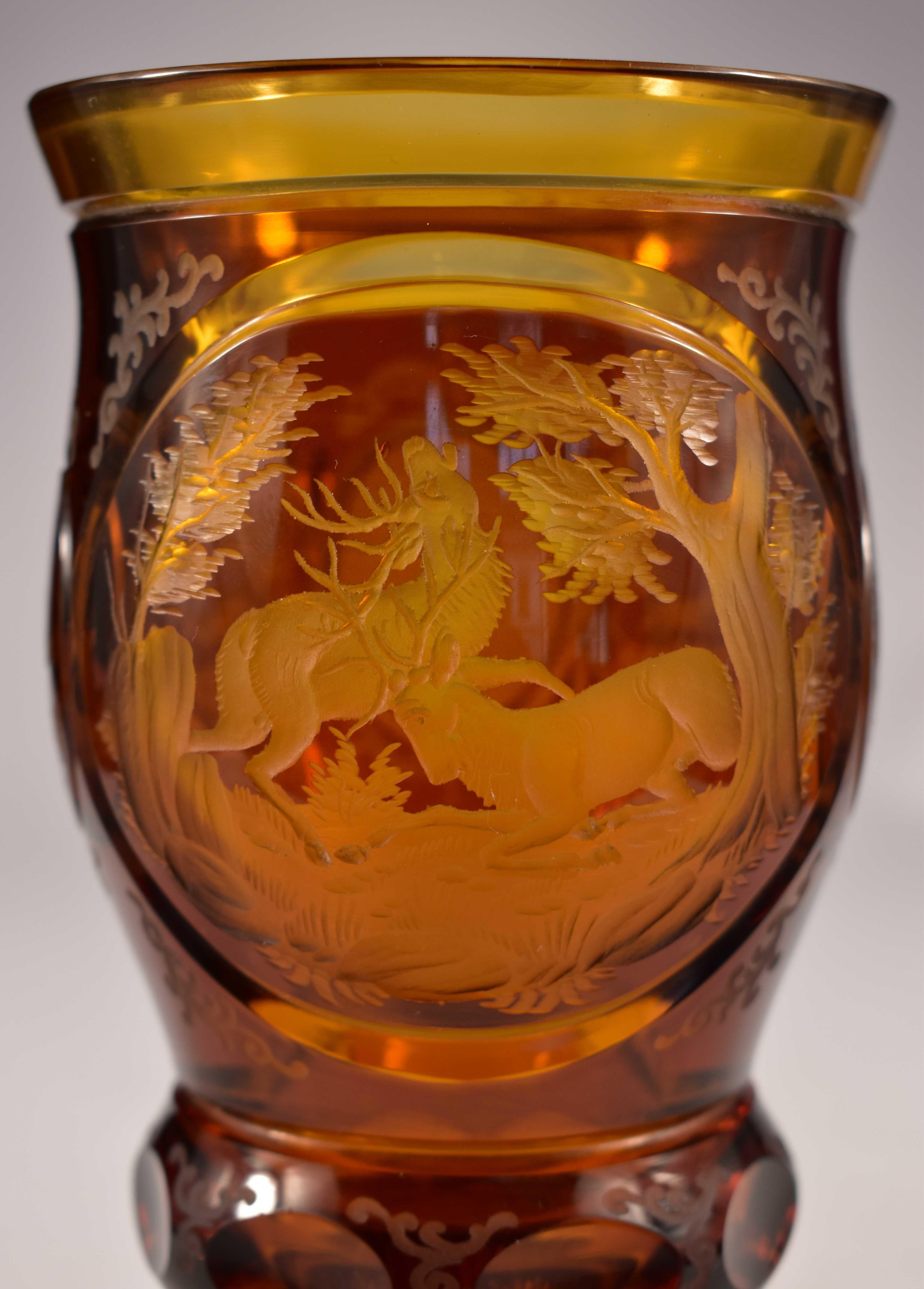Hand-Crafted Engraved Amber Glass Goblet, Hunting Motif, Bohemian Glass 20th Century
