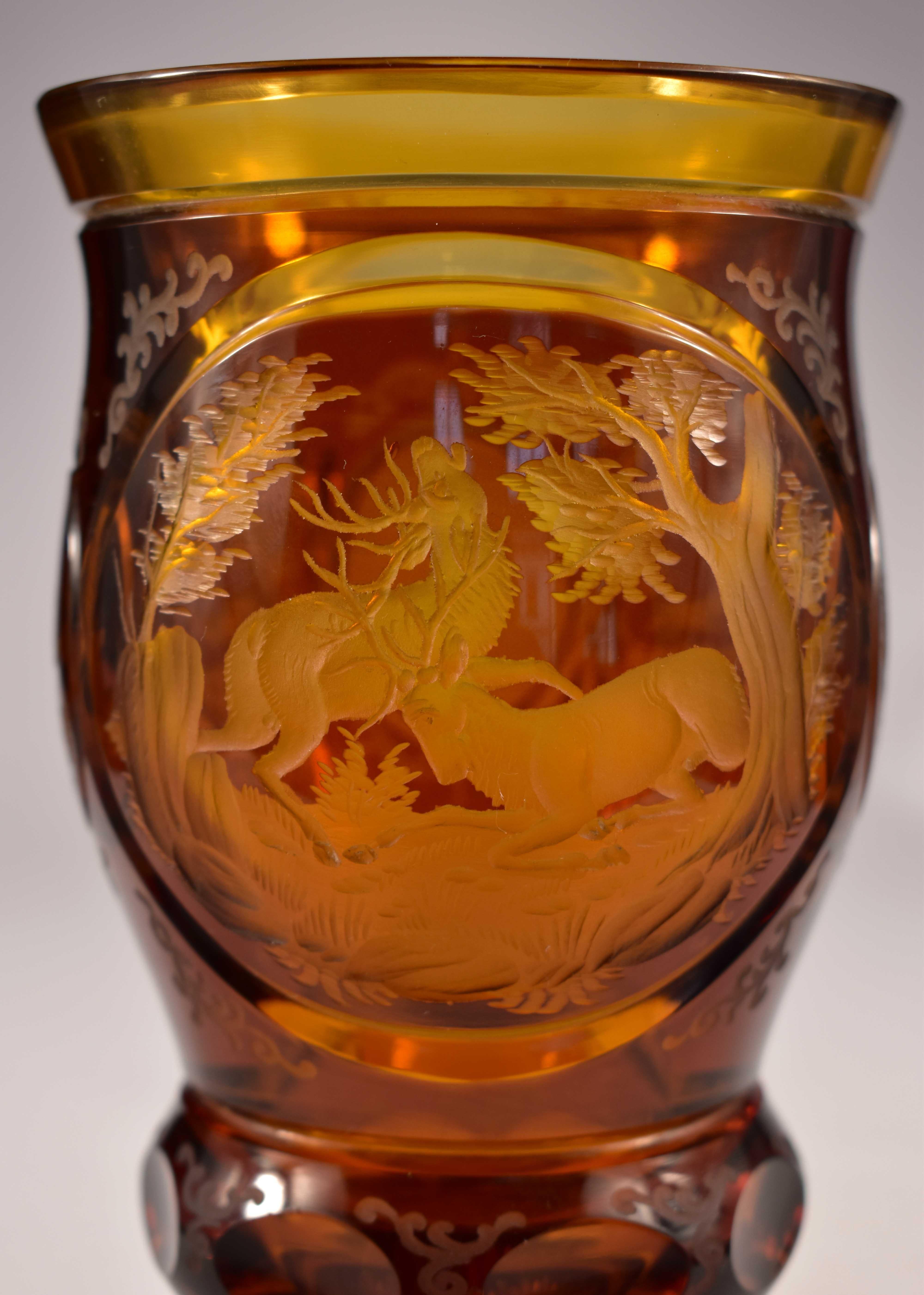 Engraved Amber Glass Goblet, Hunting Motif, Bohemian Glass 20th Century In Good Condition In Nový Bor, CZ