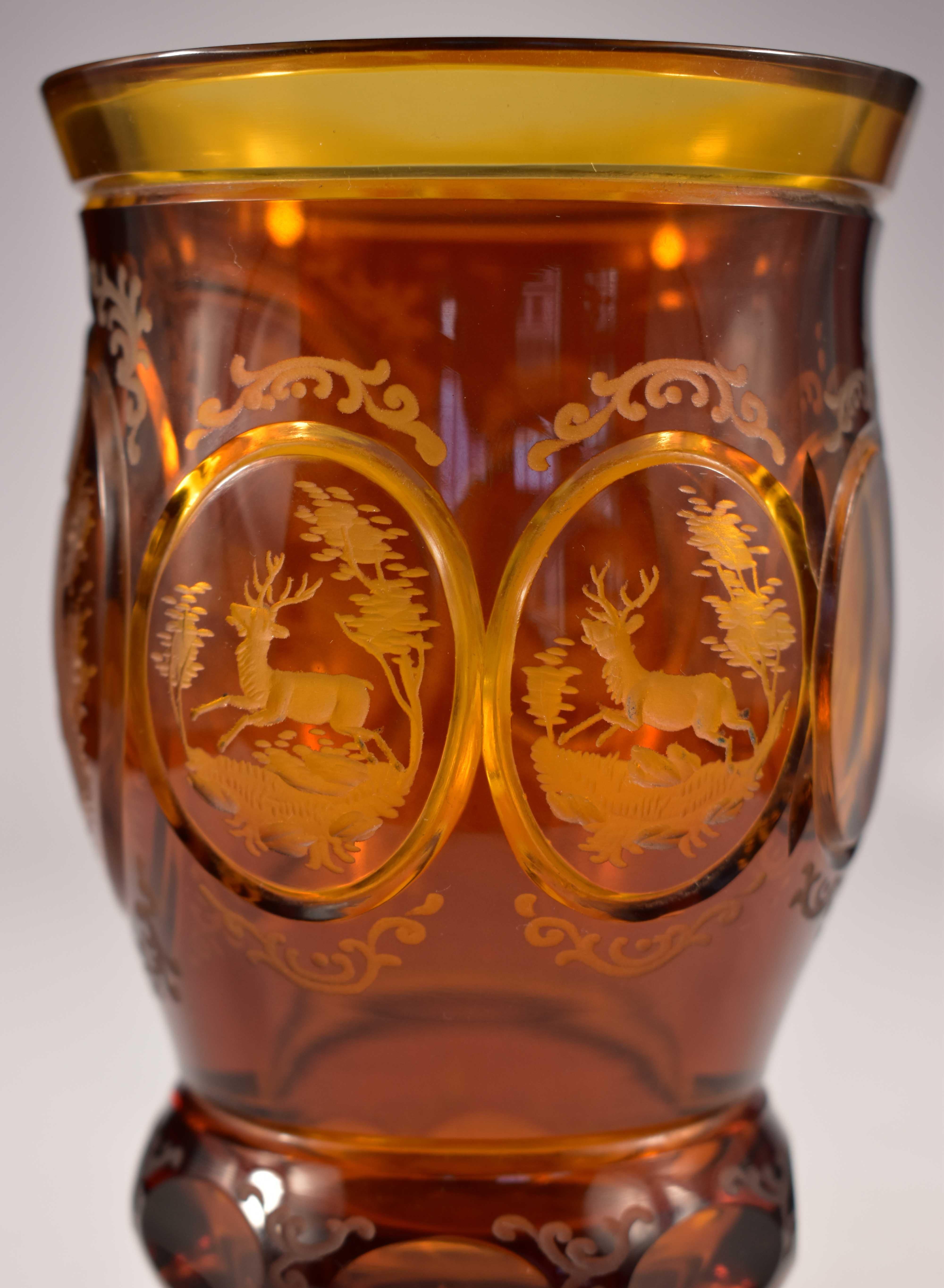 Art Glass Engraved Amber Glass Goblet, Hunting Motif, Bohemian Glass 20th Century