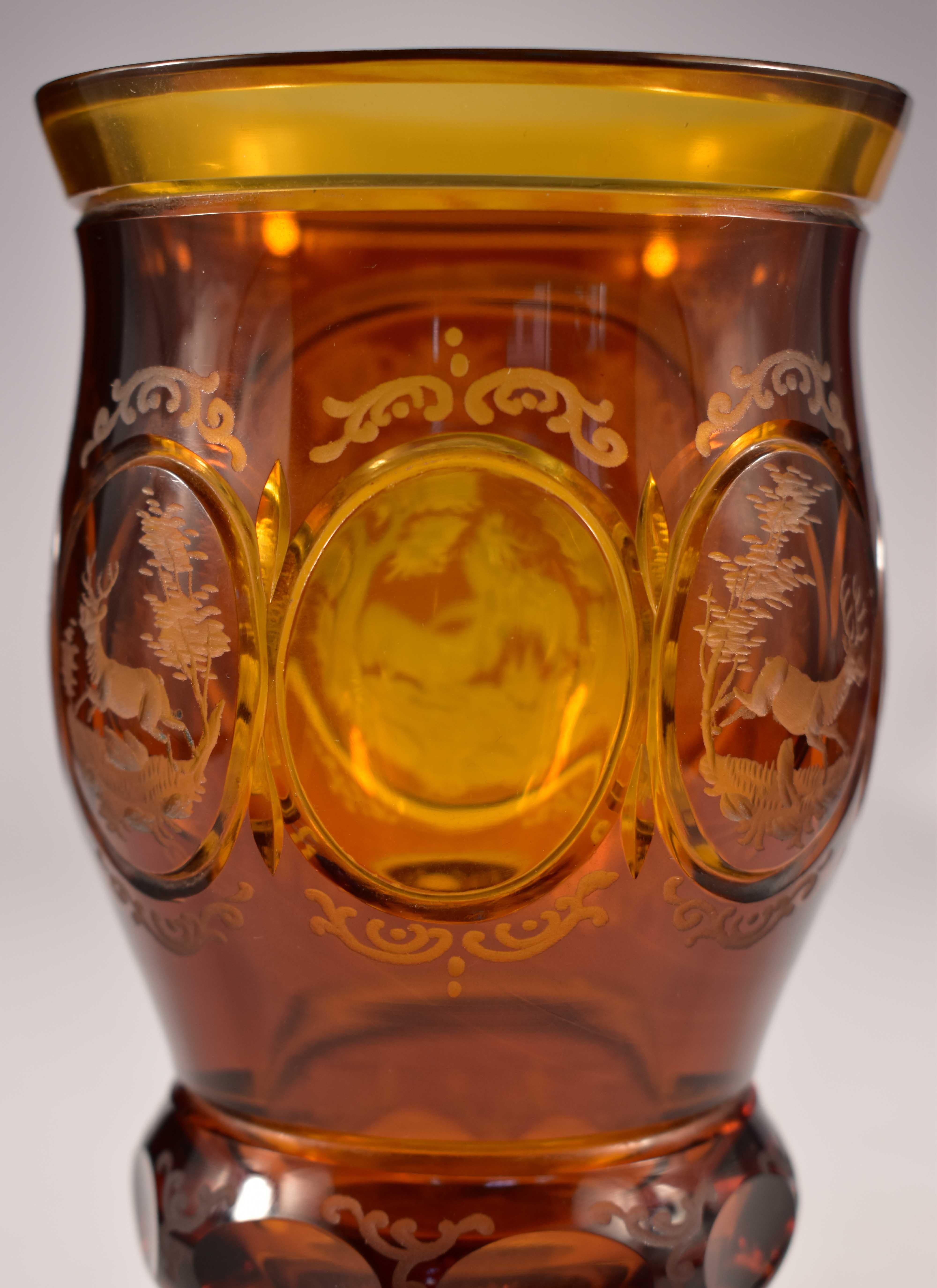 Engraved Amber Glass Goblet, Hunting Motif, Bohemian Glass 20th Century 1