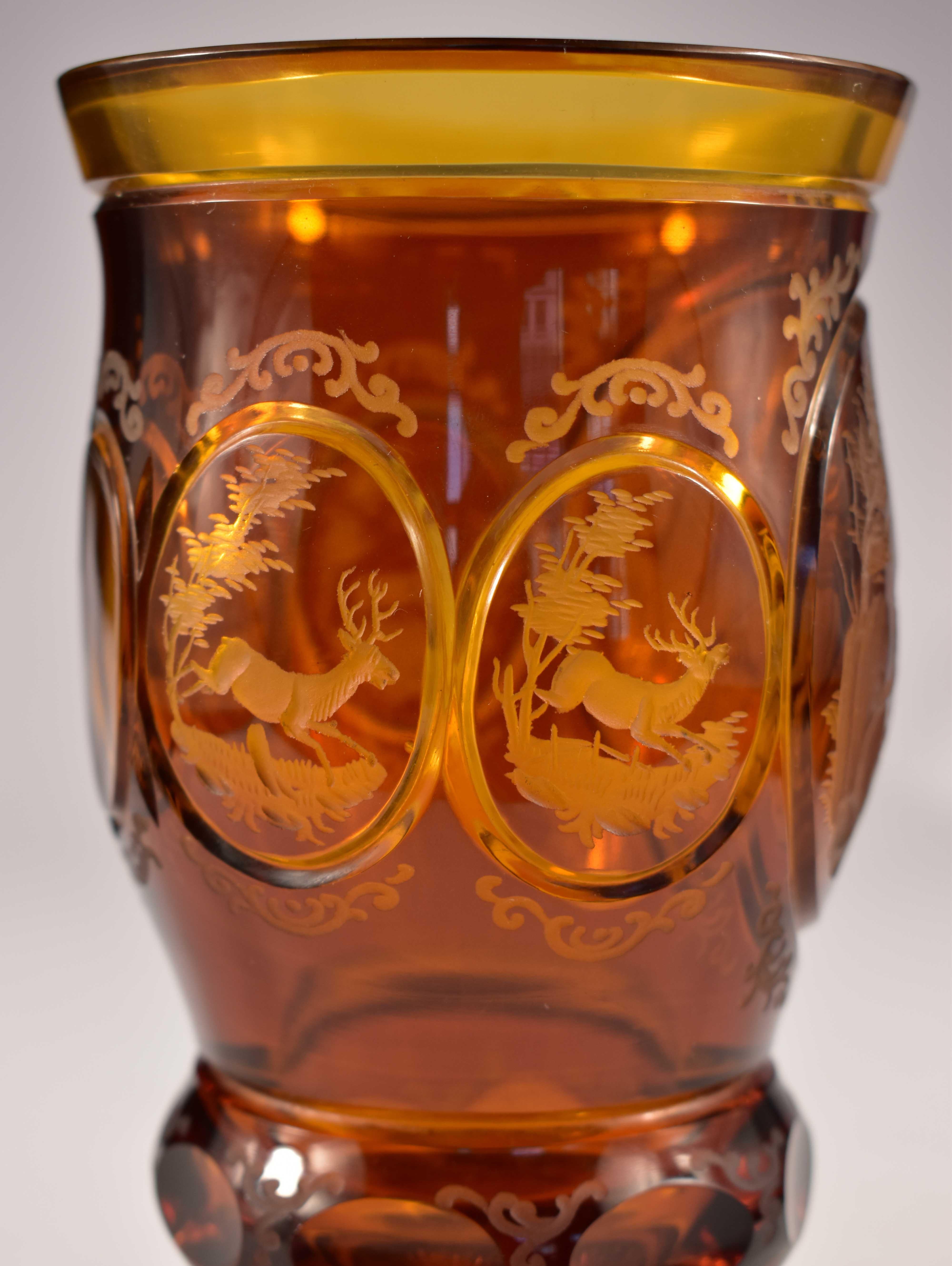 Engraved Amber Glass Goblet, Hunting Motif, Bohemian Glass 20th Century 2