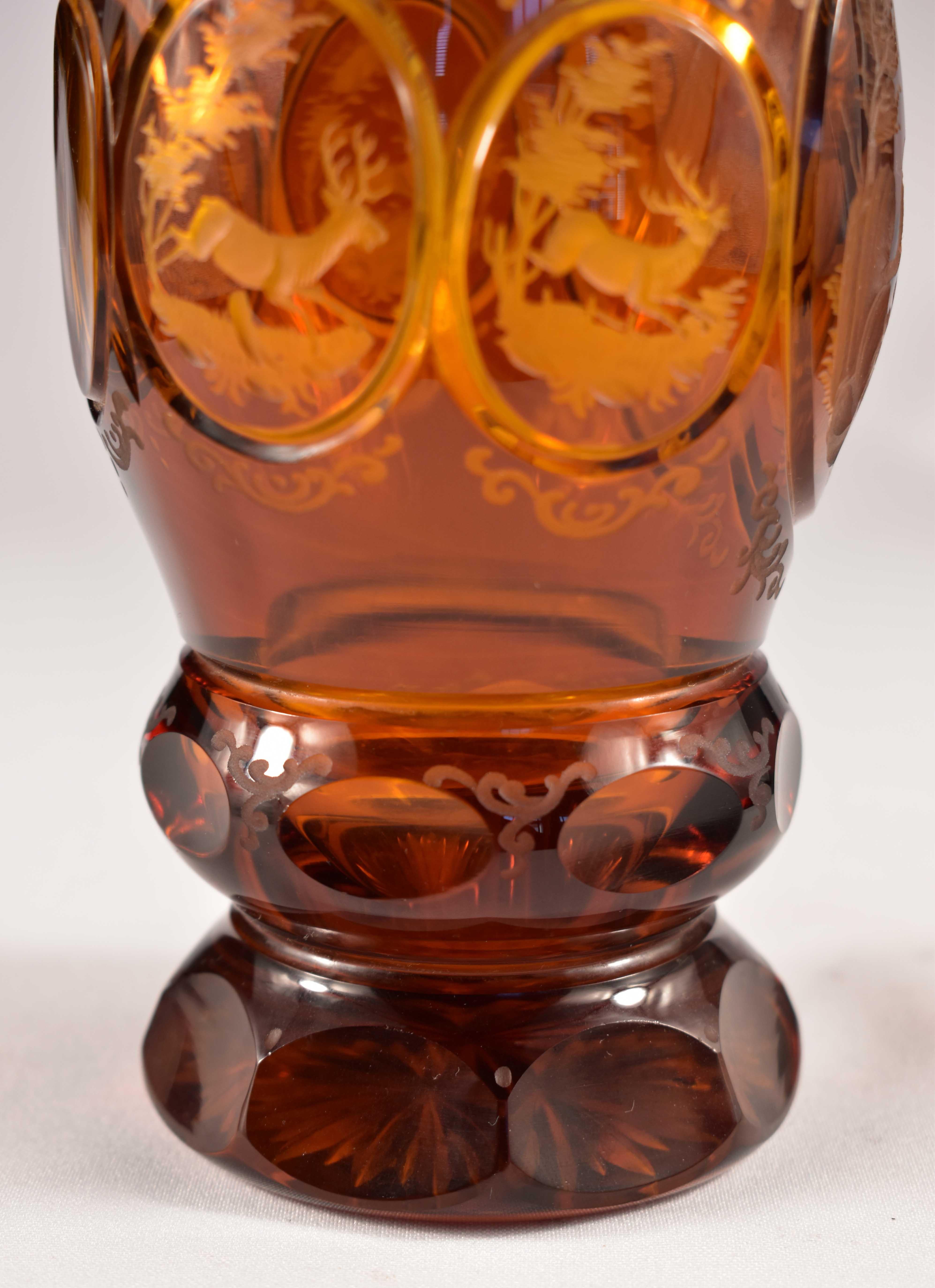 Engraved Amber Glass Goblet, Hunting Motif, Bohemian Glass 20th Century 3