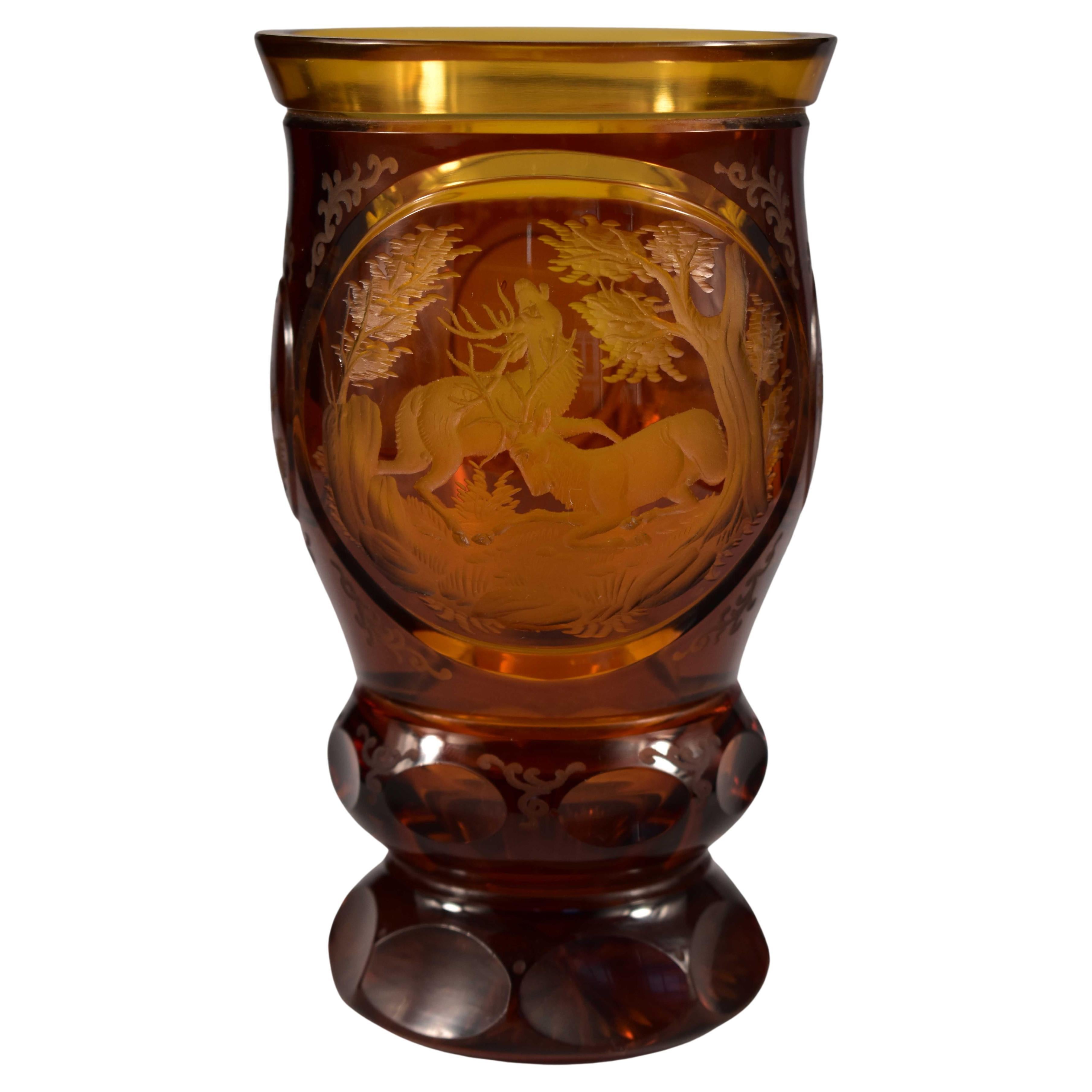 Engraved Amber Glass Goblet, Hunting Motif, Bohemian Glass 20th Century