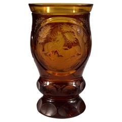 Engraved Amber Glass Goblet, Hunting Motif, Bohemian Glass 20th Century