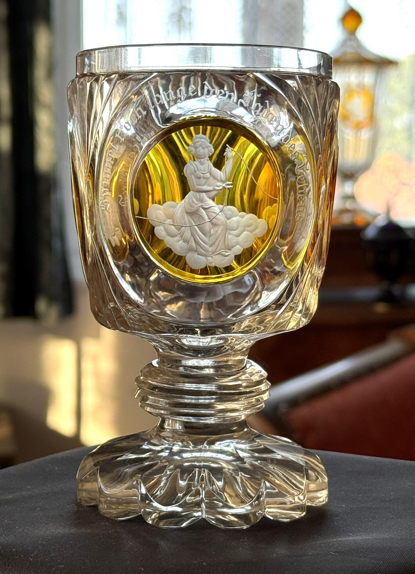Biedermeier Engraved and Cut Goblet Bohemian Glass 19th century - Three Fates For Sale