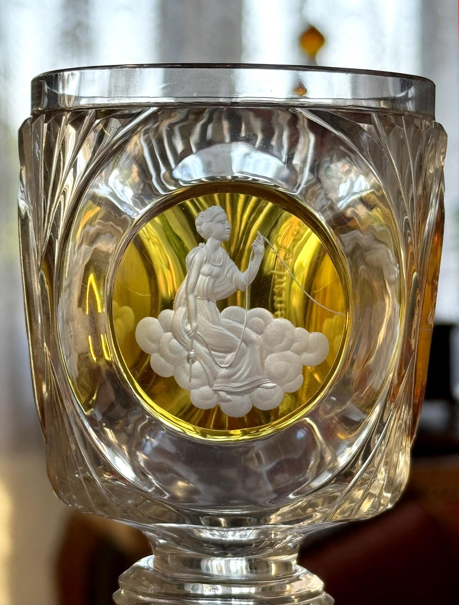 Hand-Crafted Engraved and Cut Goblet Bohemian Glass 19th century - Three Fates For Sale