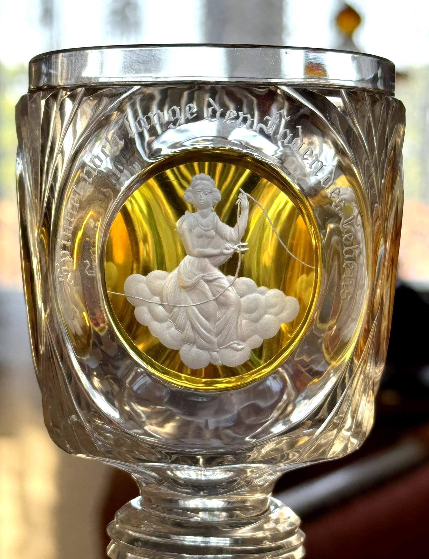 Engraved and Cut Goblet Bohemian Glass 19th century - Three Fates In Good Condition For Sale In Nový Bor, CZ
