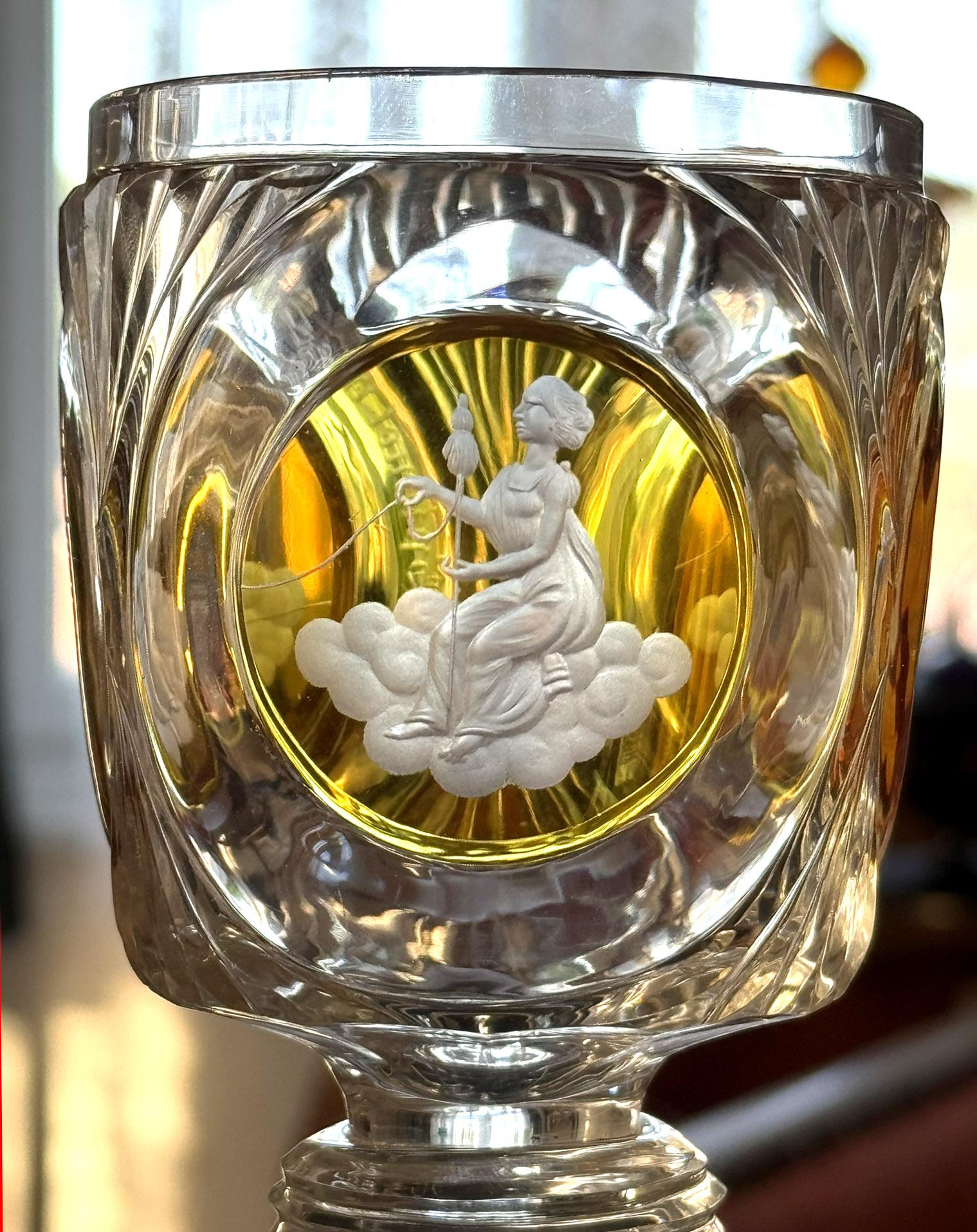 19th Century Engraved and Cut Goblet Bohemian Glass 19th century - Three Fates For Sale