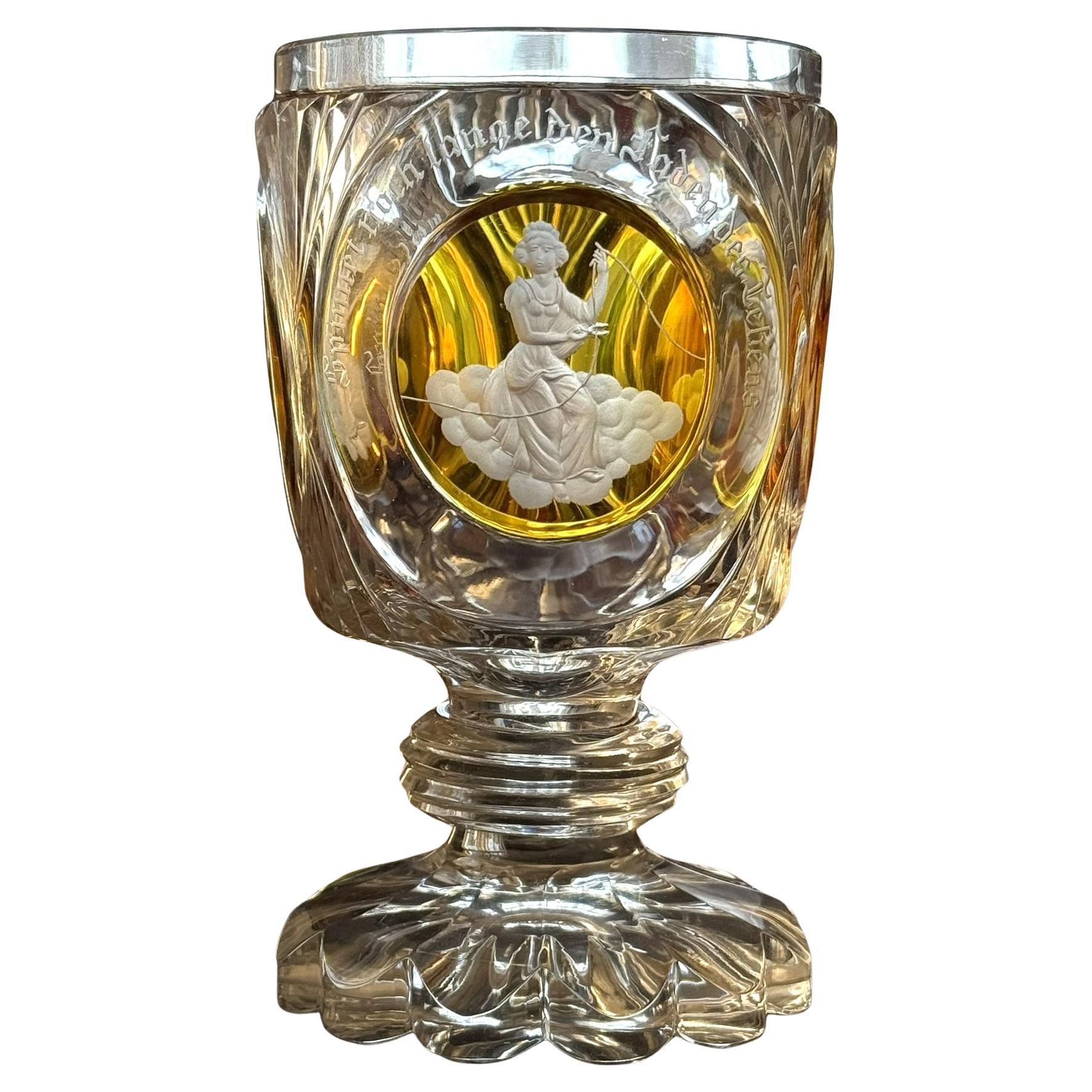 Engraved and Cut Goblet Bohemian Glass 19th century - Three Fates For Sale