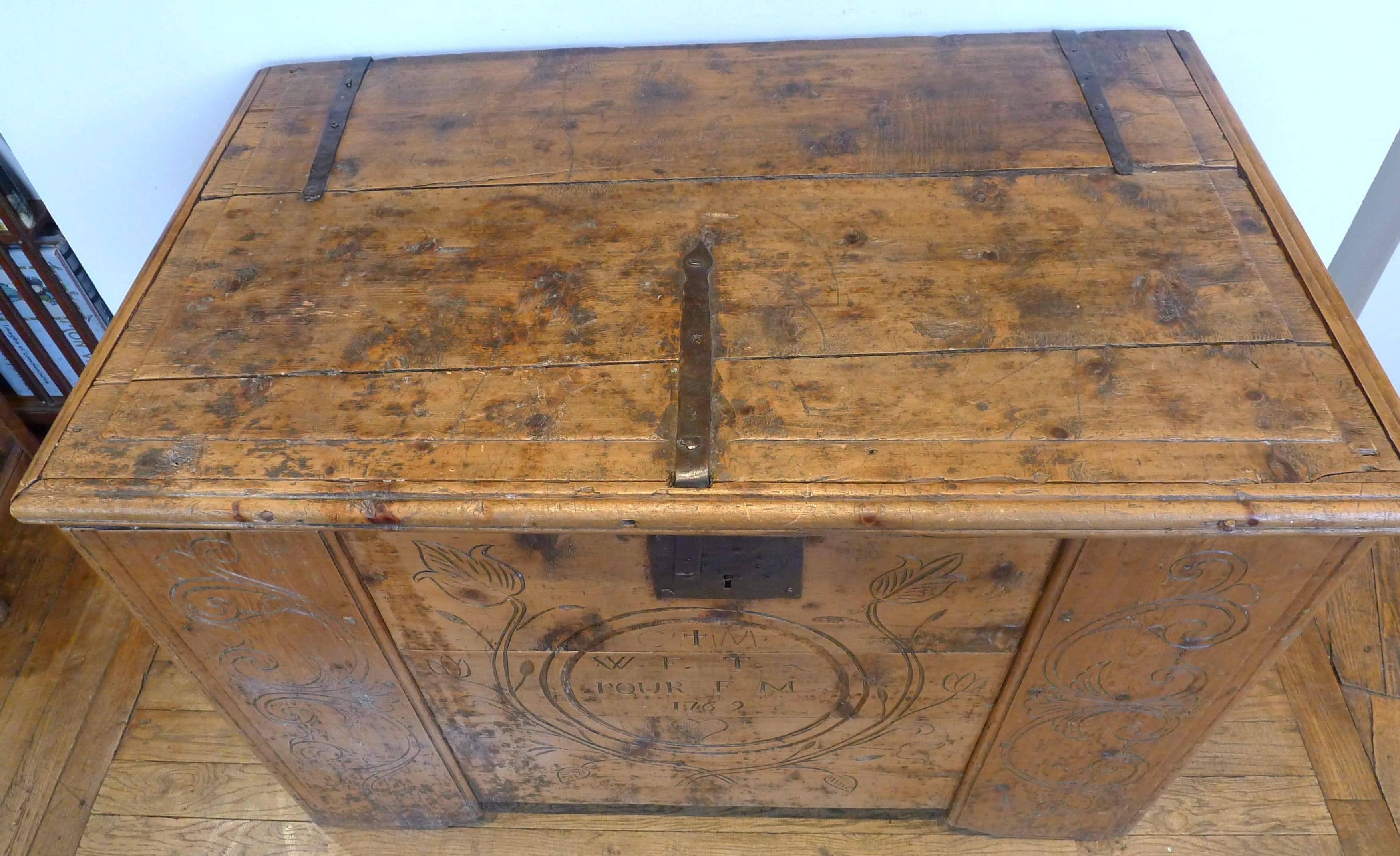 Hand-Carved Engraved and Decorated French Chest, 18th Century For Sale