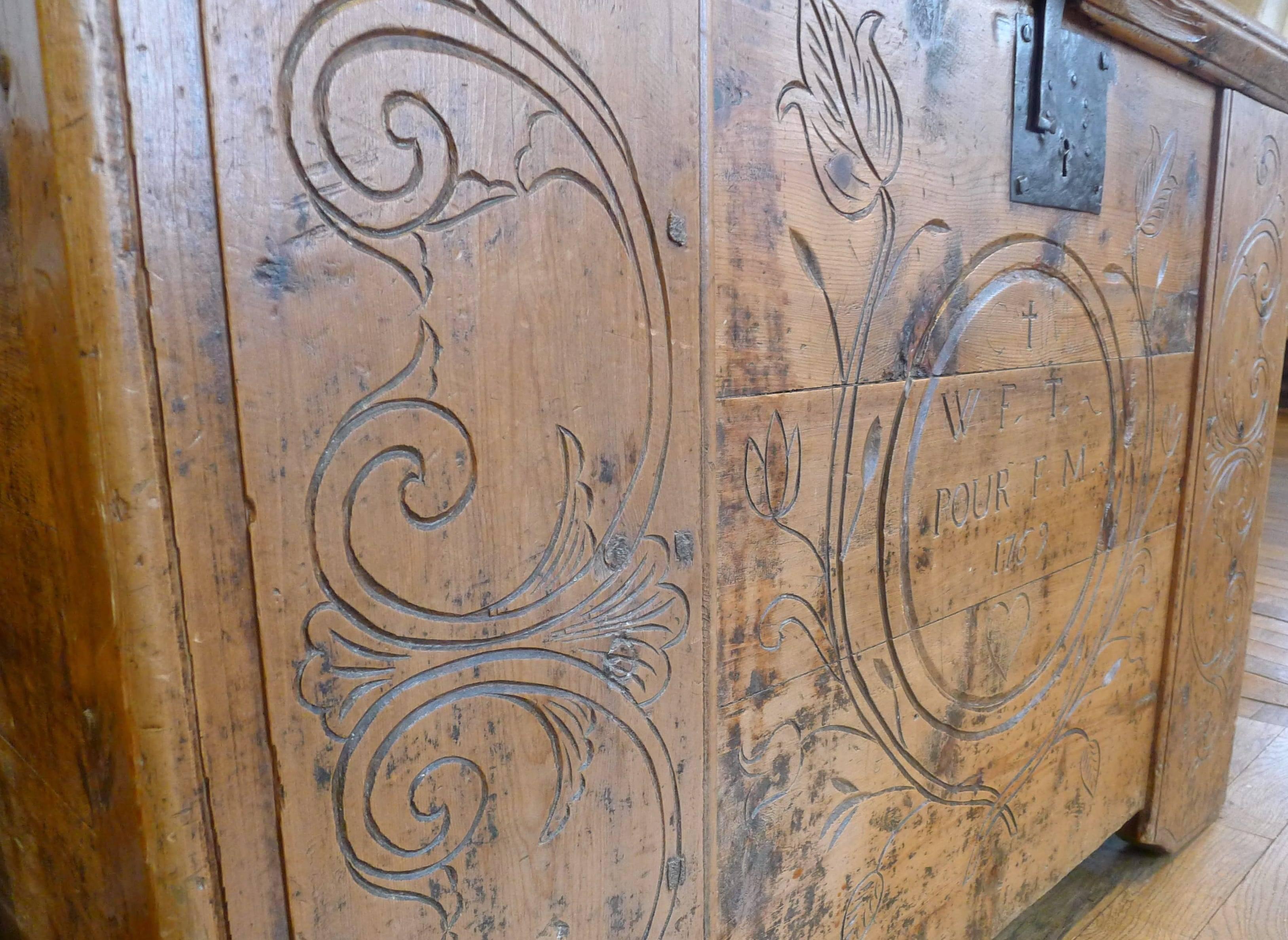 Pine Engraved and Decorated French Chest, 18th Century For Sale