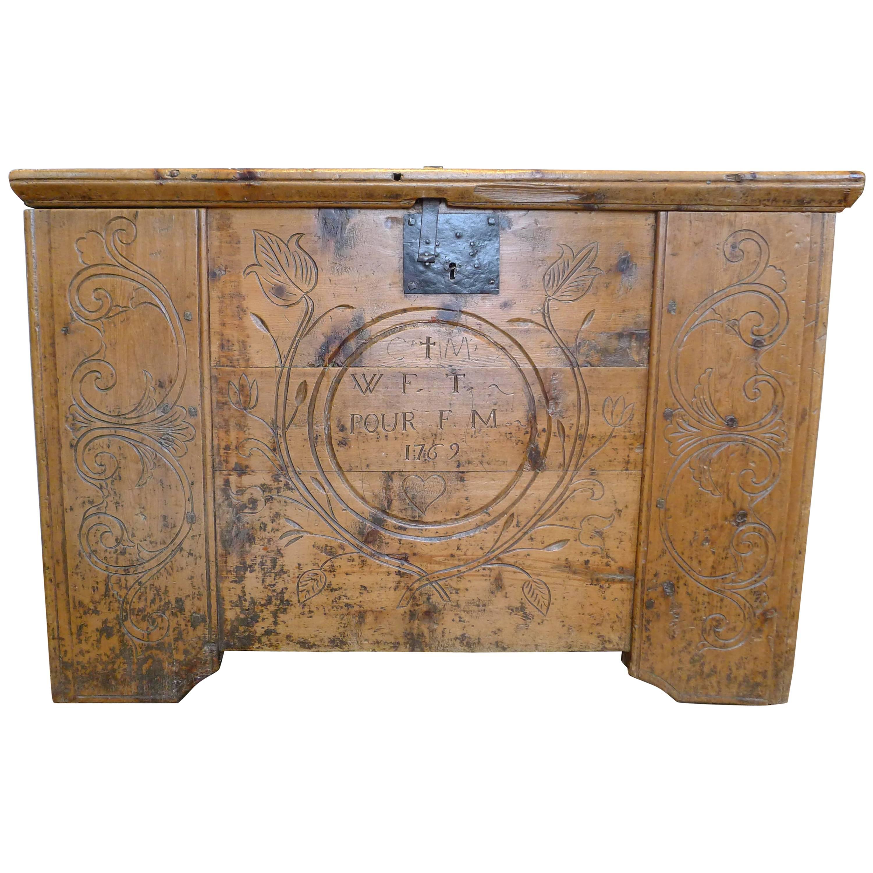 Engraved and Decorated French Chest, 18th Century For Sale
