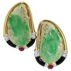 Engraved and Pierced Jade Slabs set in 18k Earrings with Onyx, Ruby and Diamonds