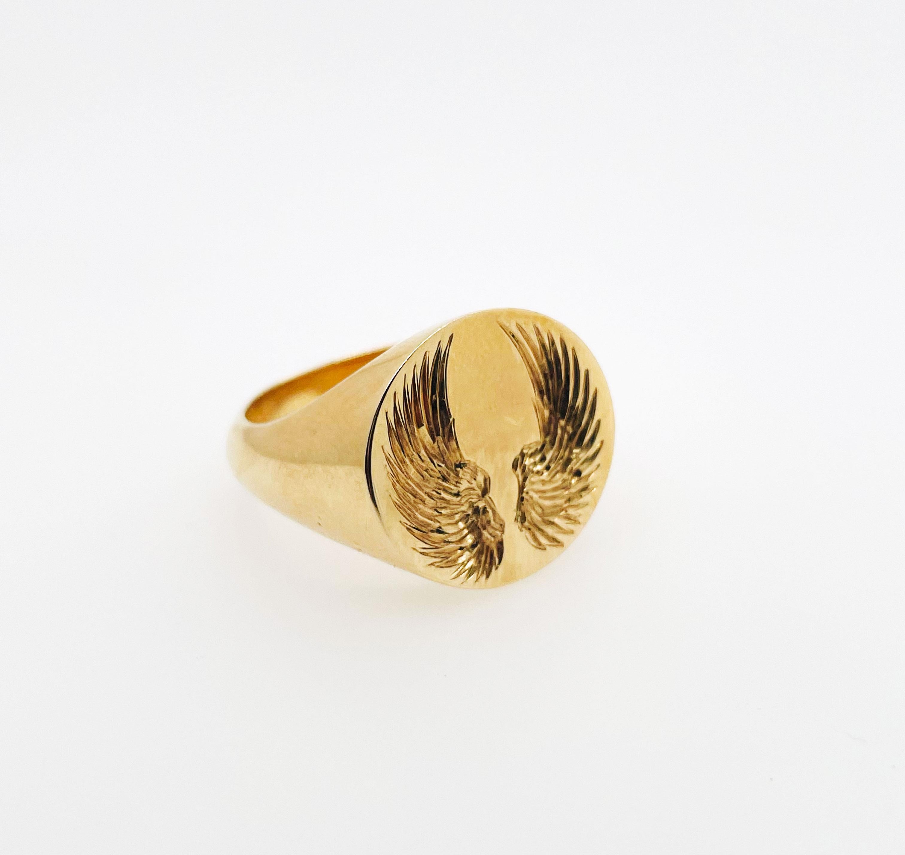Engraved Angel Wings Signet Ring in 9ct Yellow Gold In New Condition In Brisbane, AU