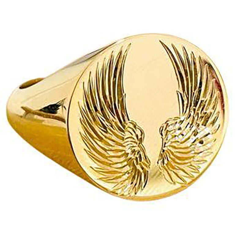 Engraved Angel Wings Signet Ring in 9ct Yellow Gold