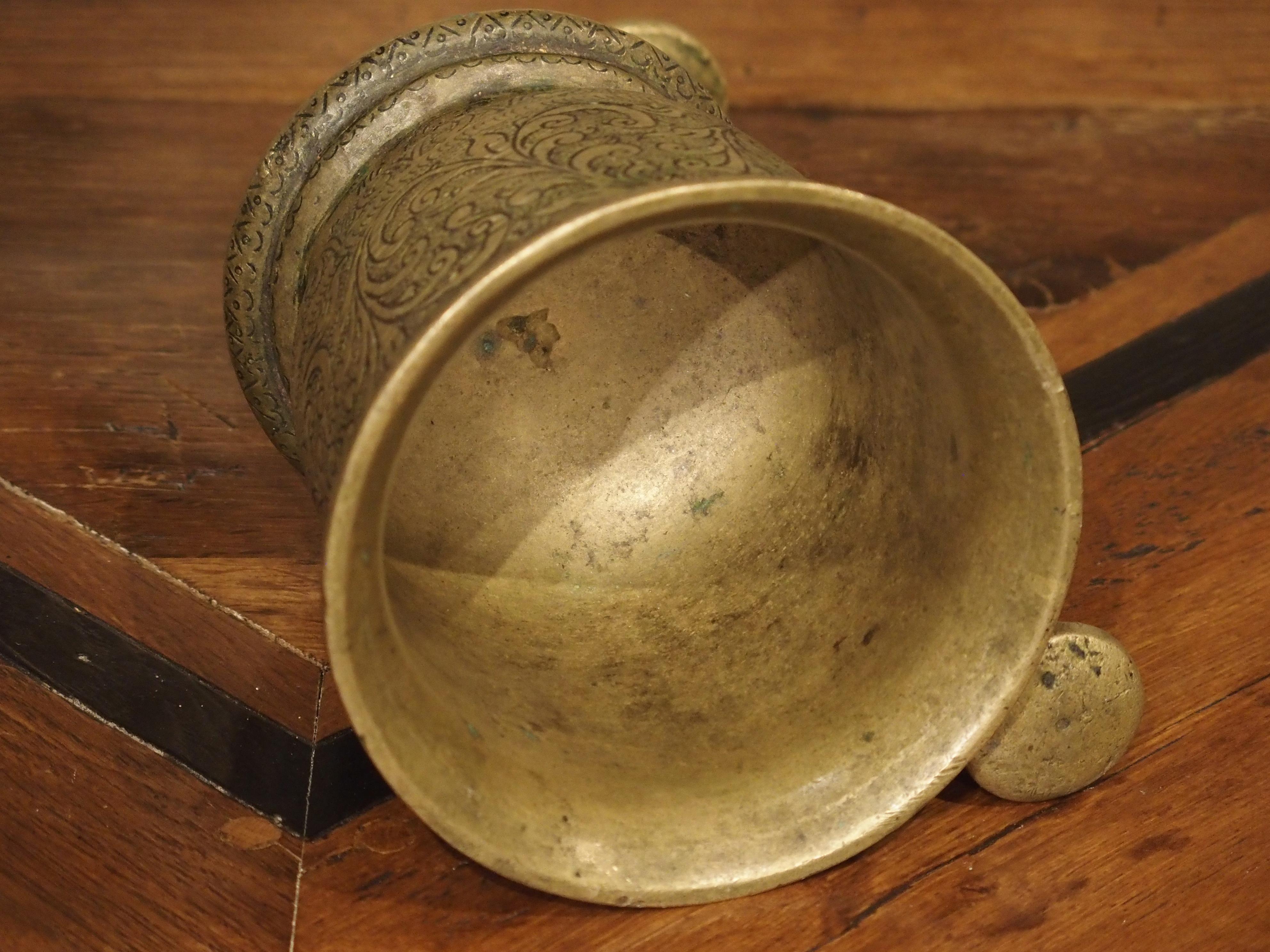Engraved Antique French Bronze Mortar and Pestle, 17th Century 1