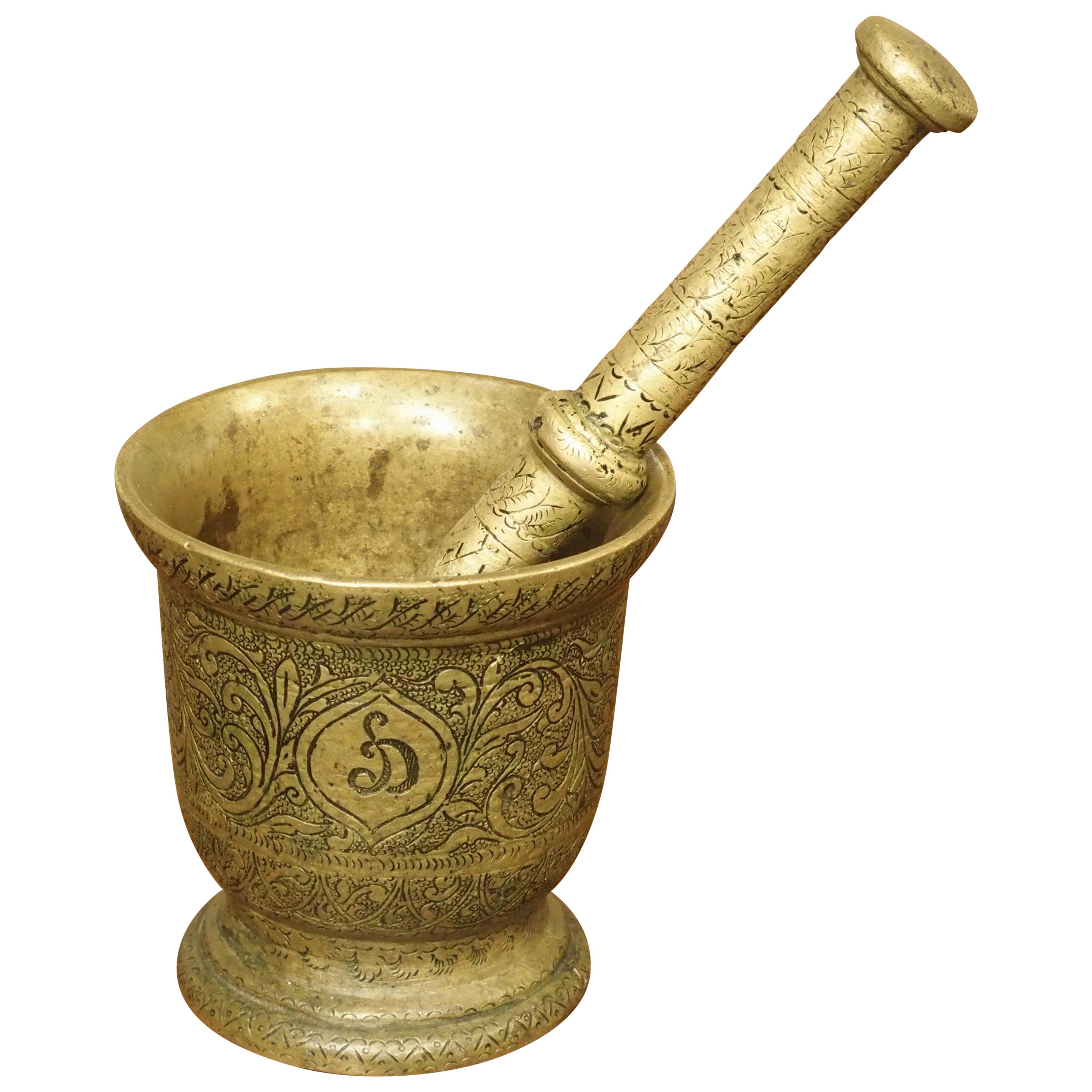 Engraved Antique French Bronze Mortar and Pestle, 17th Century