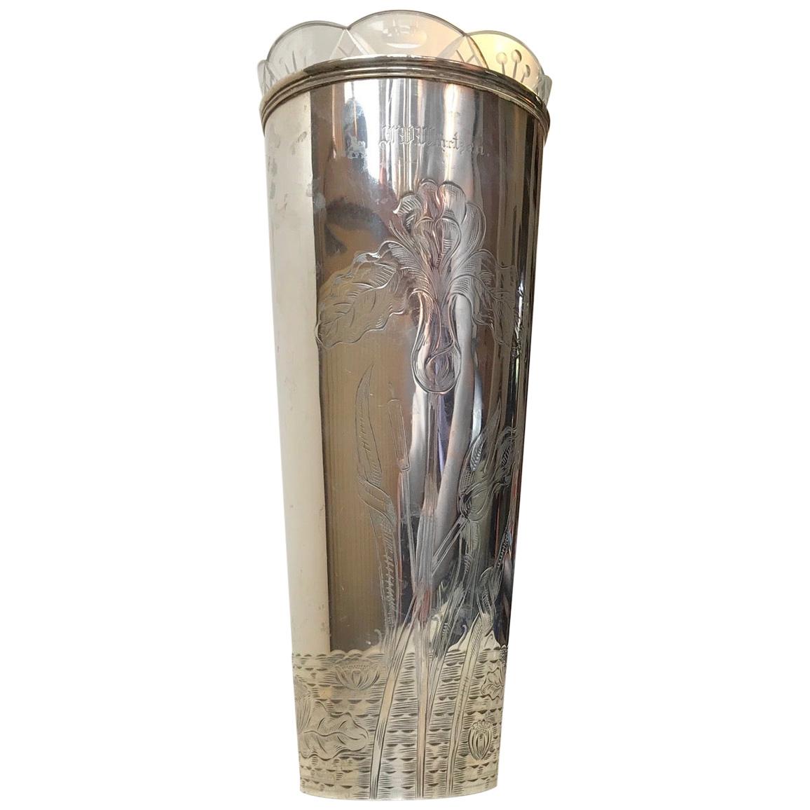 Engraved Antique Sterling Silver and Crystal Vase by C. C. Christensen, 1900s For Sale