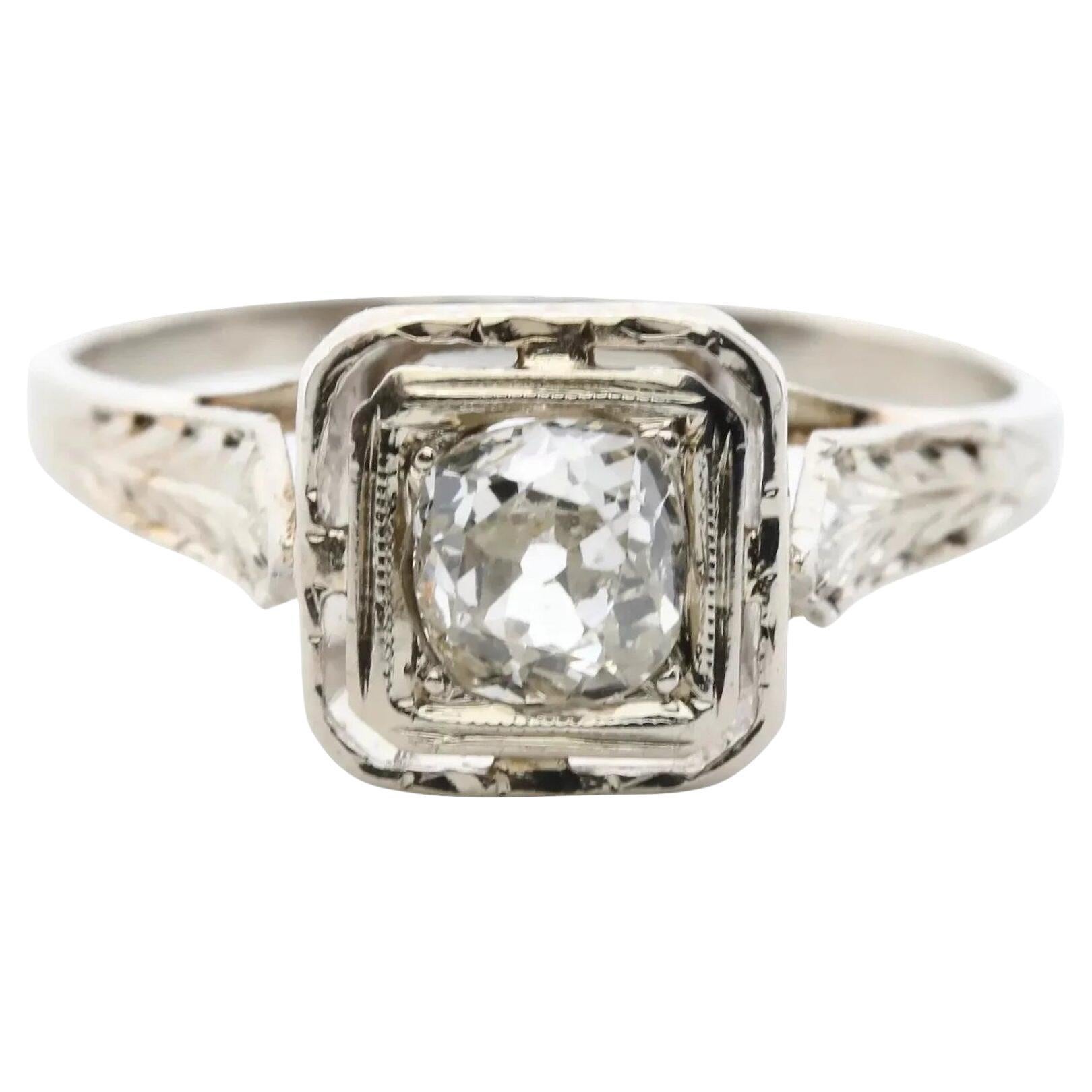 Engraved Art Deco 0.52ct Old Mine Cut Diamond Engagement Ring in 18K White Gold For Sale