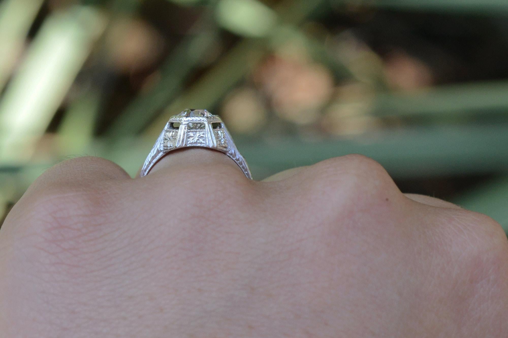 Engraved Art Deco 0.87 Carat Certified Diamond Solitaire Ring In Good Condition For Sale In Santa Barbara, CA