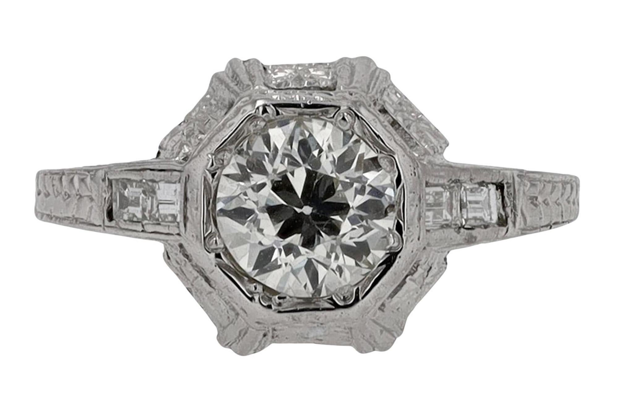 Women's Engraved Art Deco 0.87 Carat Certified Diamond Solitaire Ring For Sale
