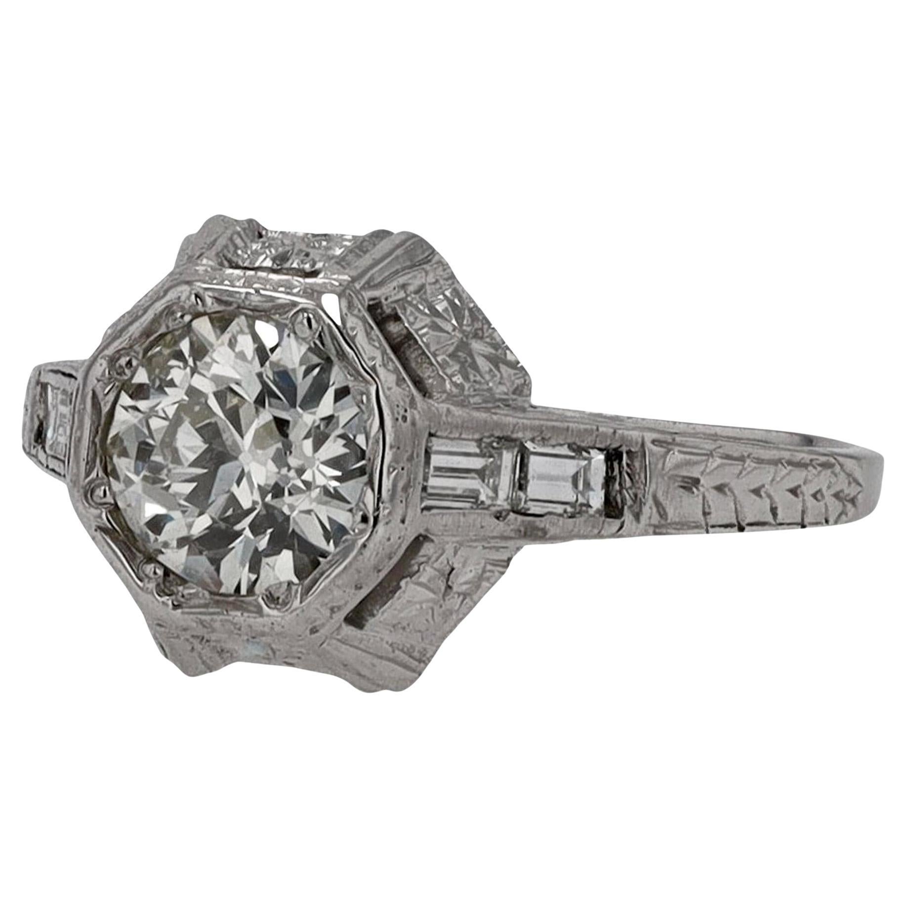 Engraved Art Deco 0.87 Carat Certified Diamond Solitaire Ring For Sale