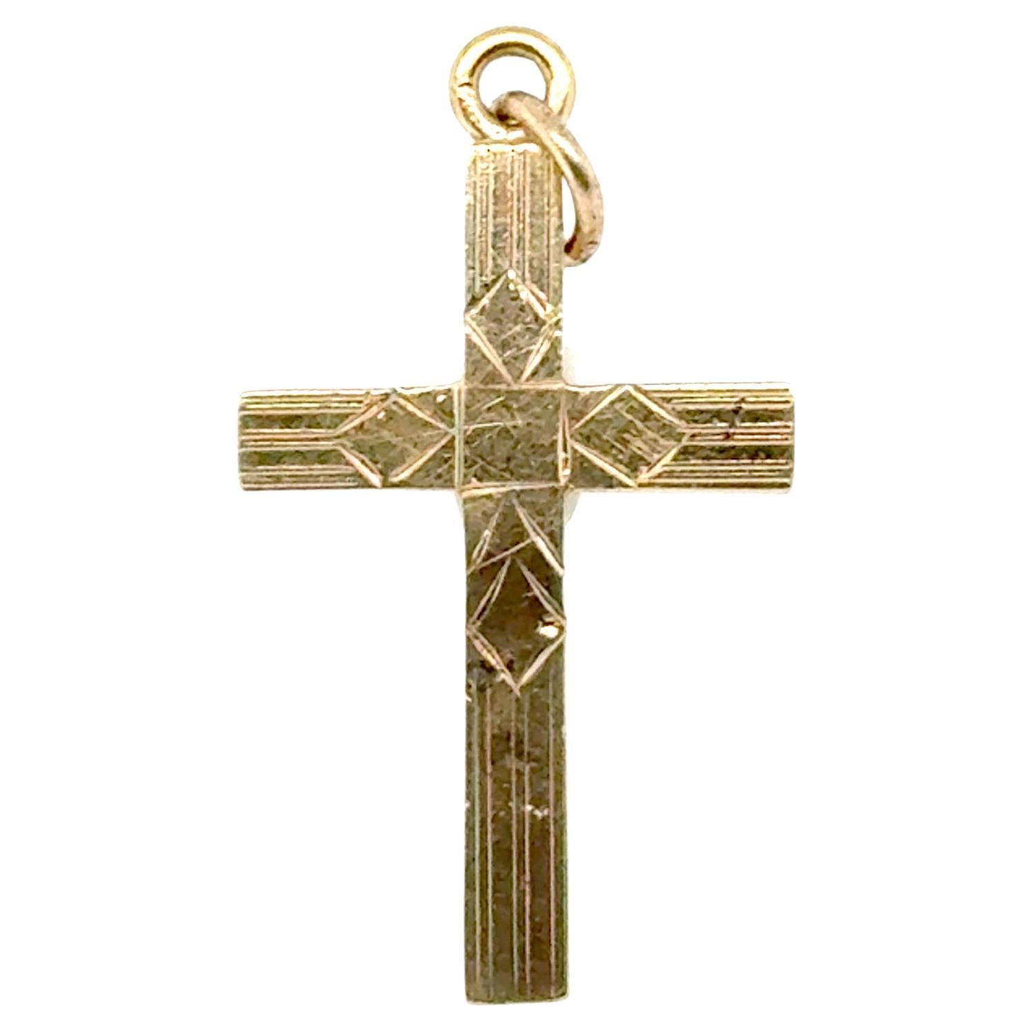 Engraved  Art Deco Cross Pendant Necklace Yellow Gold Original 1930's-1940's For Sale