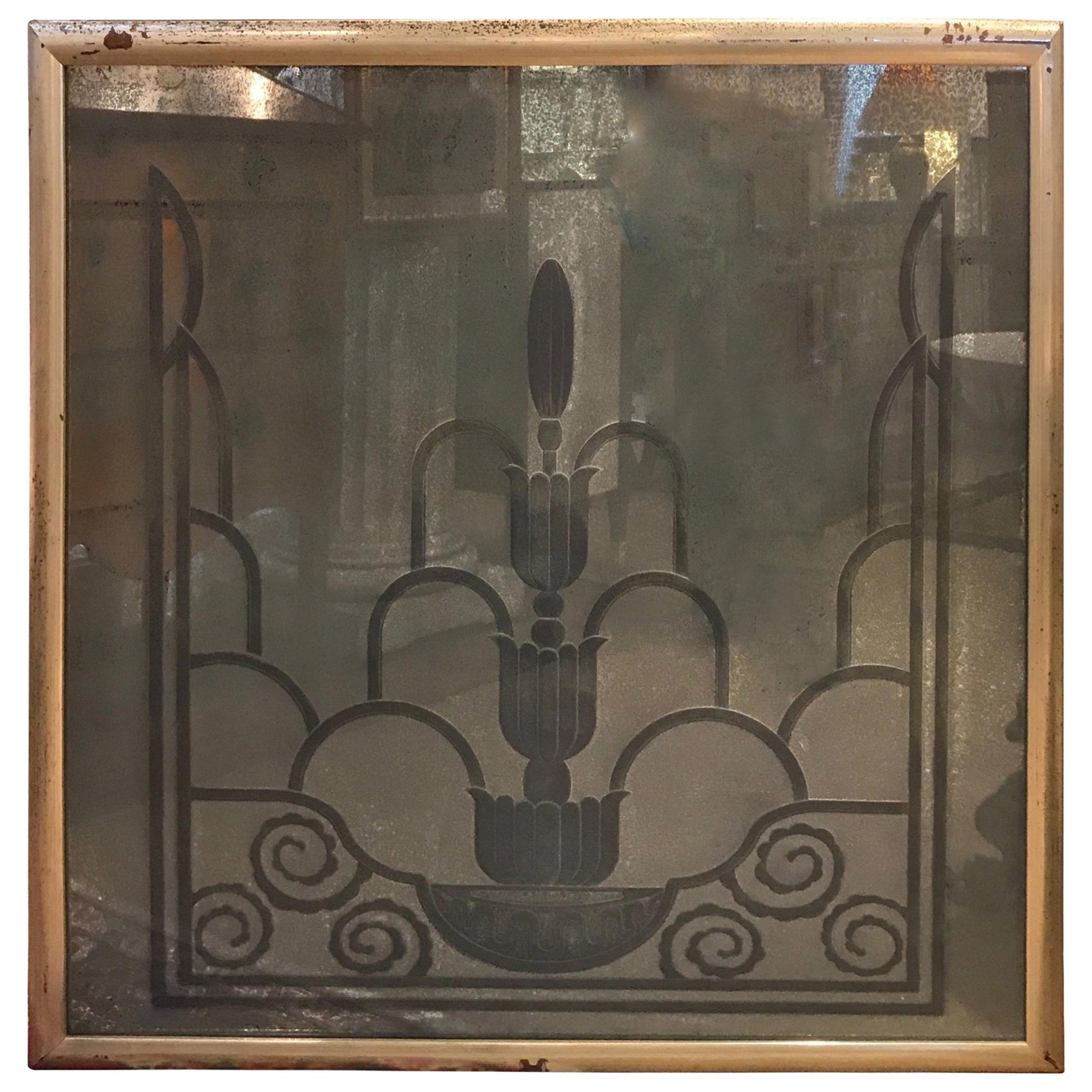 Gravierter Art-Déco-Spiegel, aus dem Waldorf Astoria, 1920er Jahre