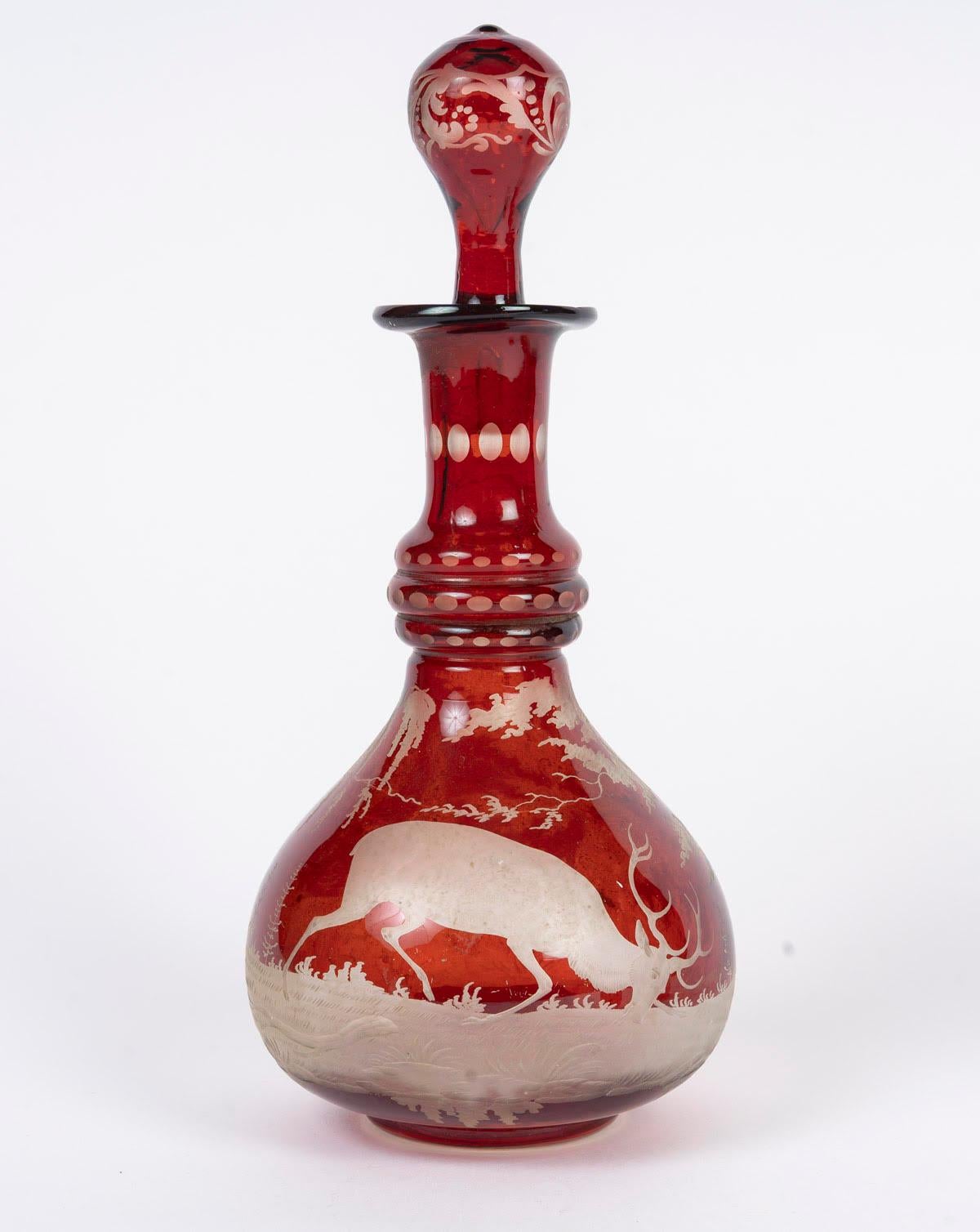 Oil and vinegar set and small salt cellar in engraved Bohemian crystal, Napoleon III period, 19th century.

Oil: H: 24cm, D: 11cm
Vinegar: H: 22.5cm, D: 8cm
Salt cellar: H: 4cm, D: 4cm