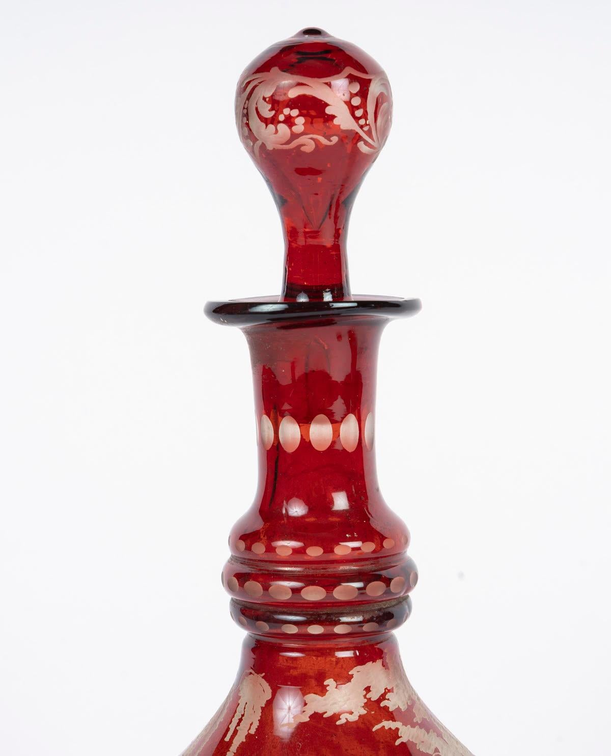 French Engraved Bohemian Crystal Oil and Vinegar Set, a Small Salt Shaker, Napoleon III For Sale