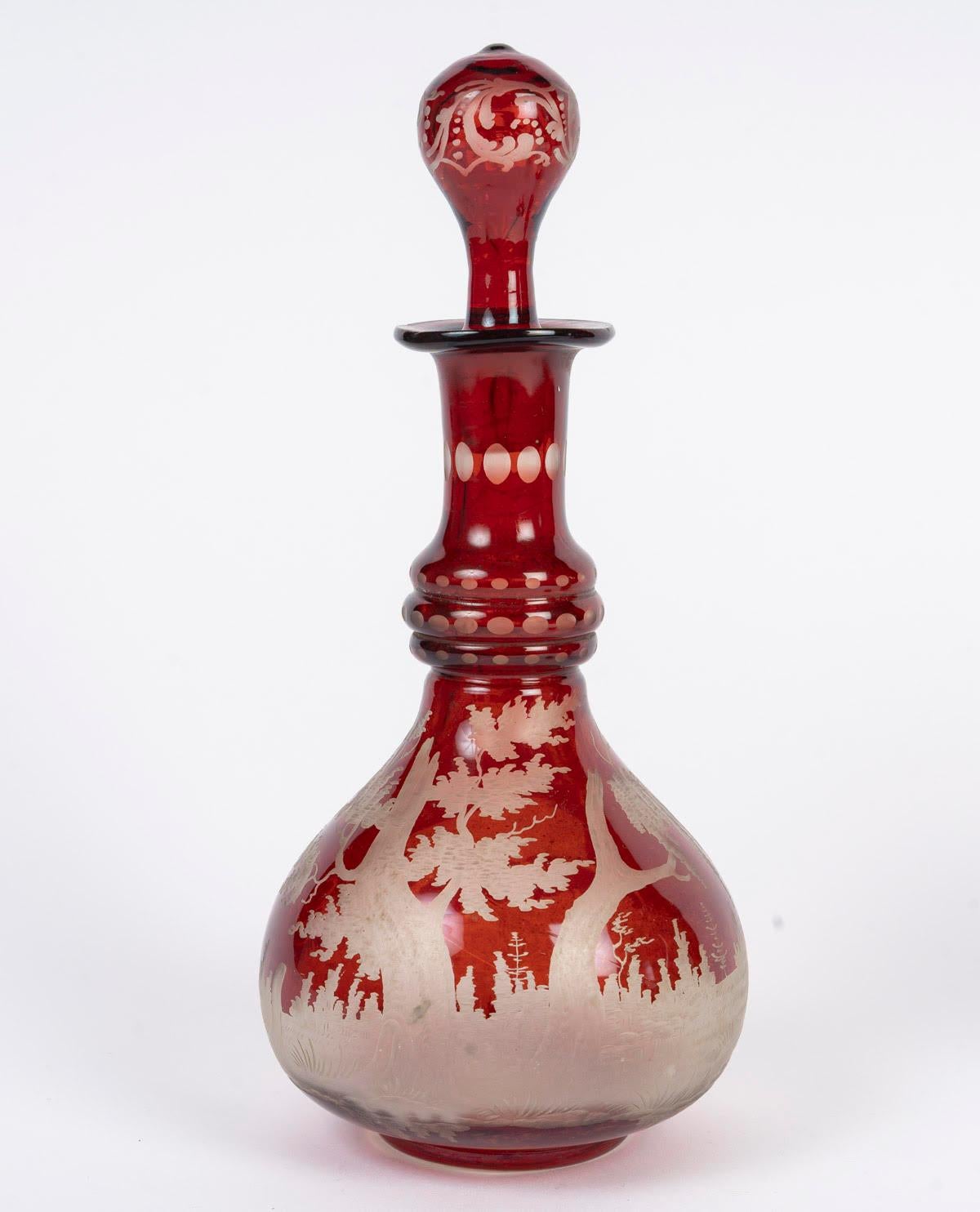 19th Century Engraved Bohemian Crystal Oil and Vinegar Set, a Small Salt Shaker, Napoleon III For Sale