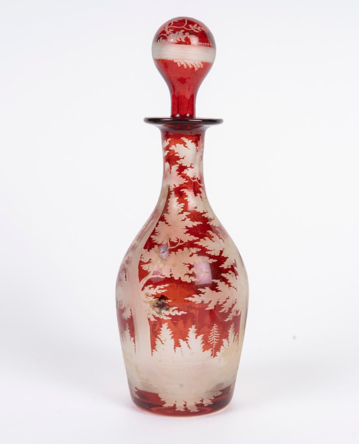 Engraved Bohemian Crystal Oil and Vinegar Set, a Small Salt Shaker, Napoleon III For Sale 4